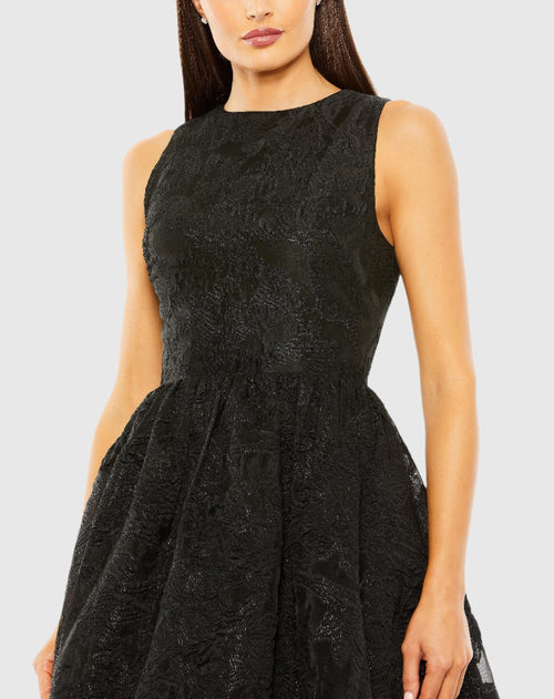 Black Sleeveless High Low Brocade Gown