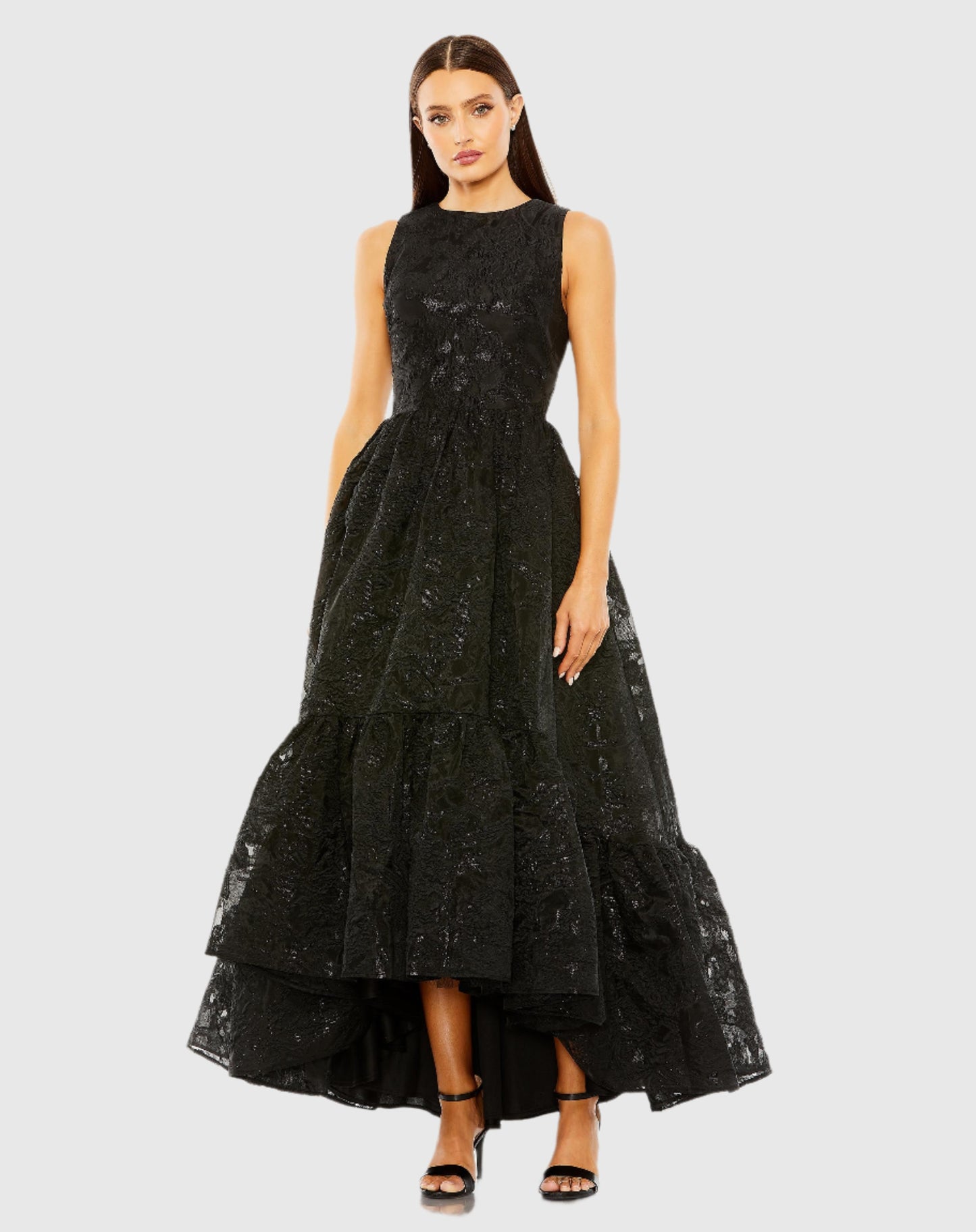 Sleeveless High Low Brocade Gown