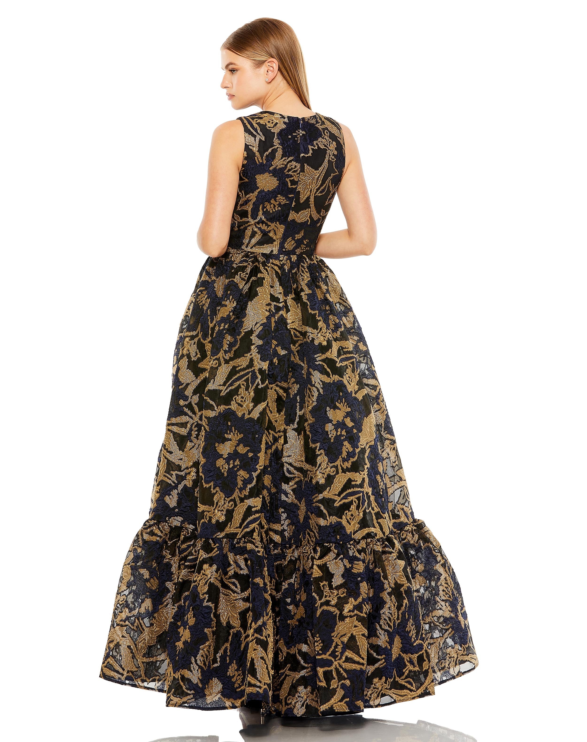Sleeveless Full High Low Brocade Gown