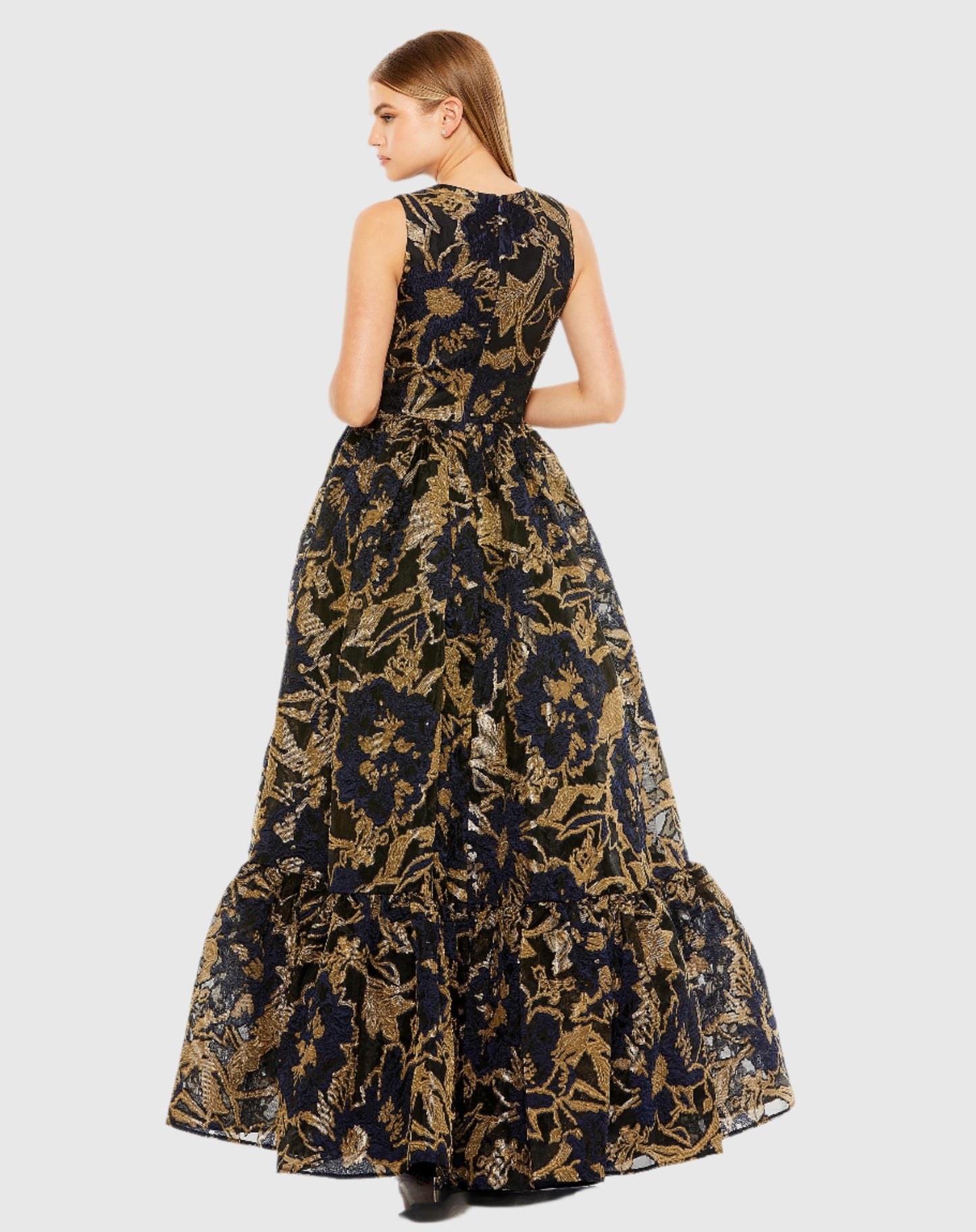 Sleeveless High Low Brocade Gown