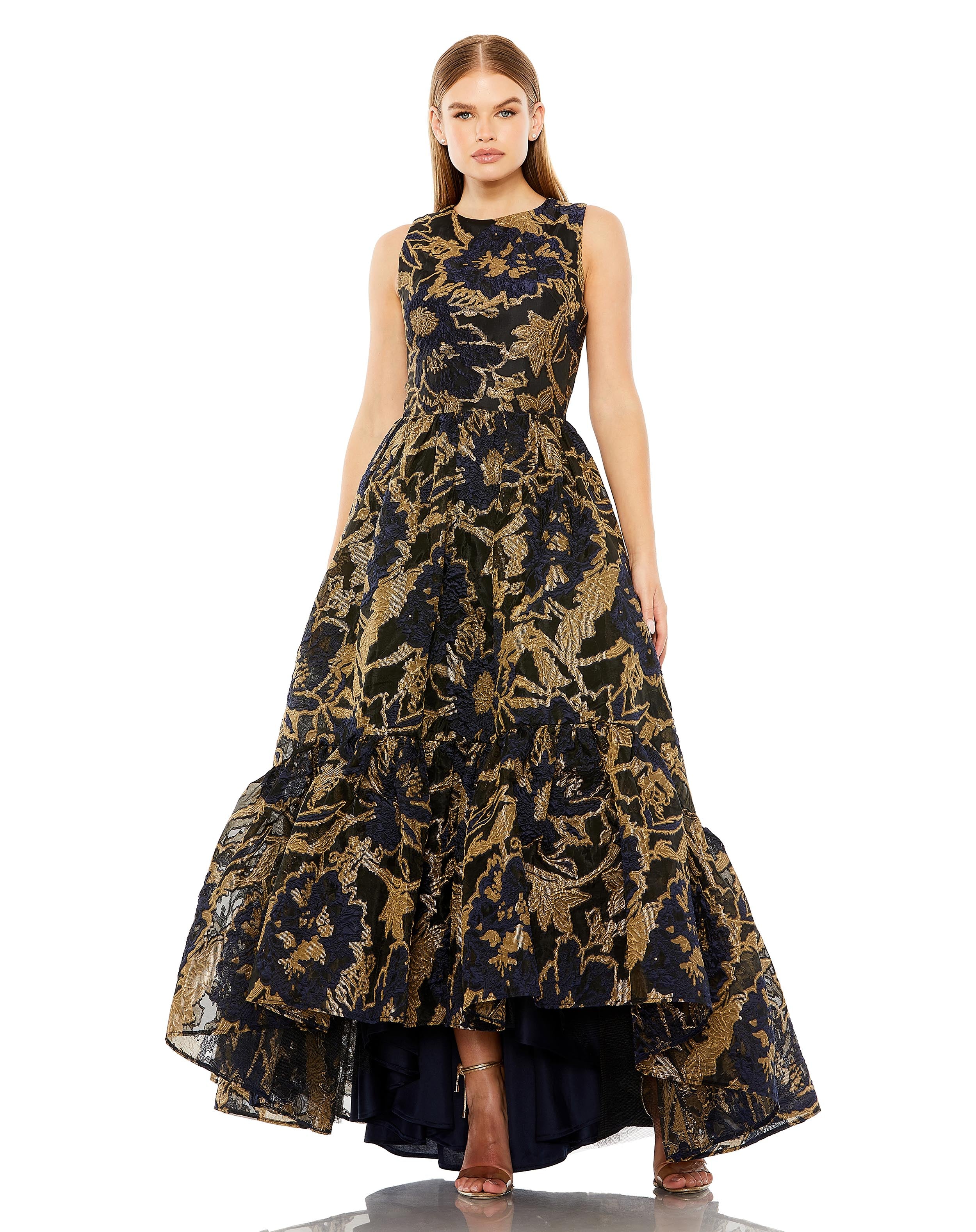 Sleeveless Full High Low Brocade Gown