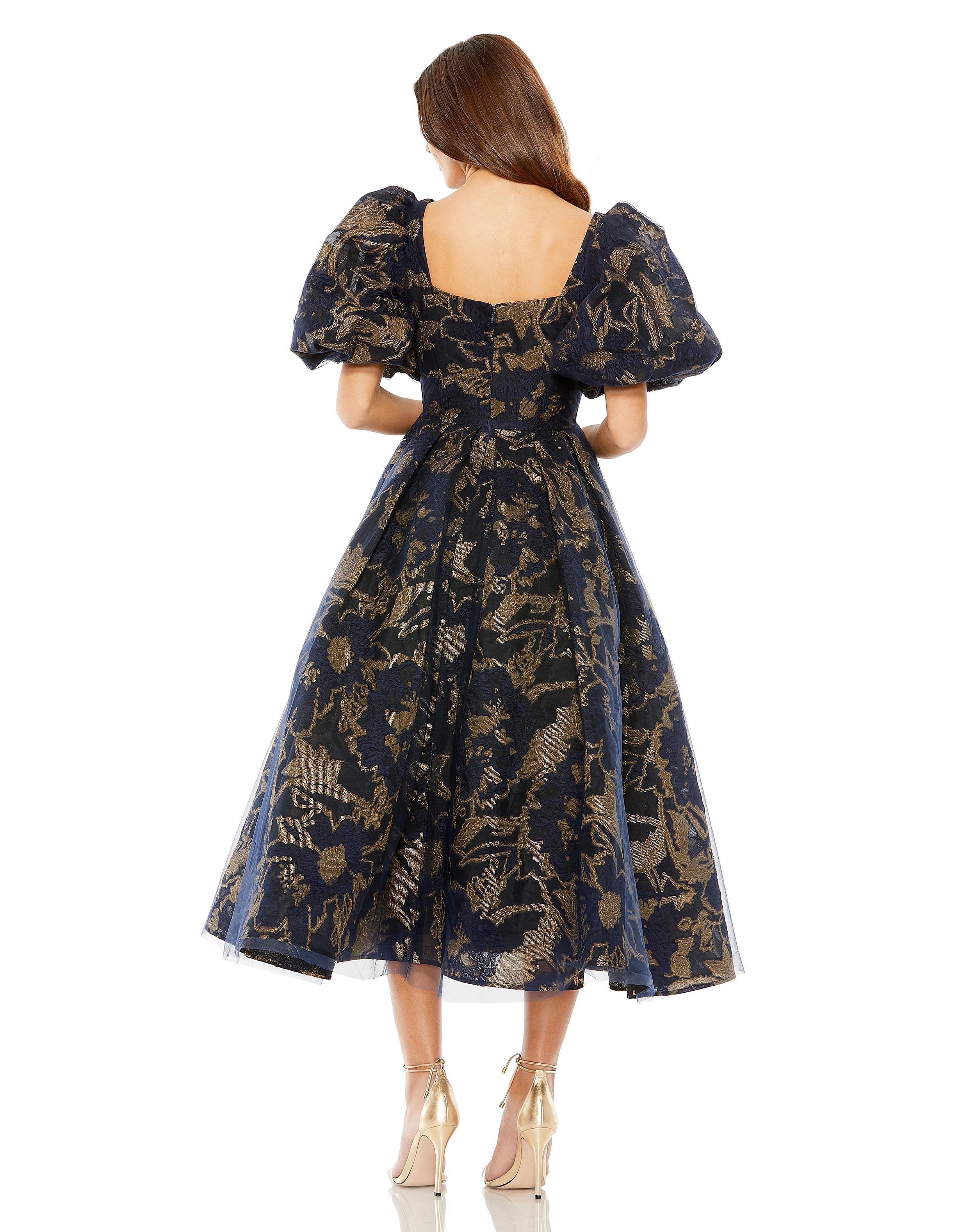 Puff Sleeve Brocade Midi Dress with Pockets – Mac Duggal