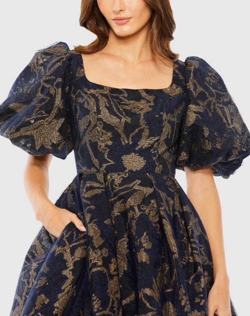 Puff Sleeve Brocade Midi Dress with Pockets