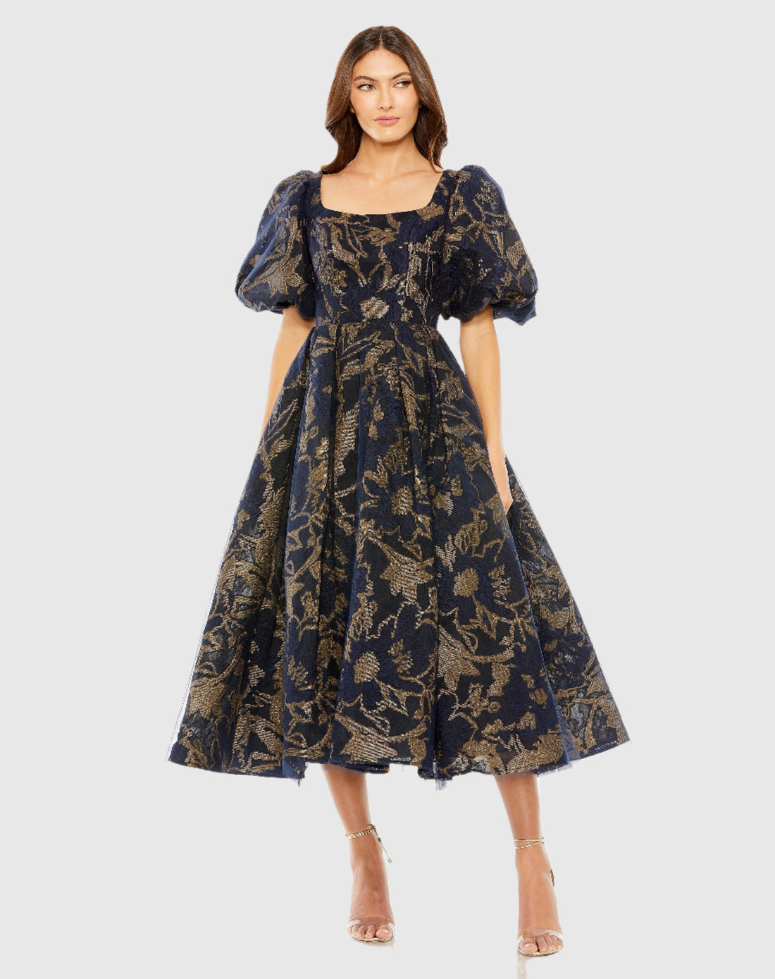 Puff Sleeve Brocade Midi Dress with Pockets