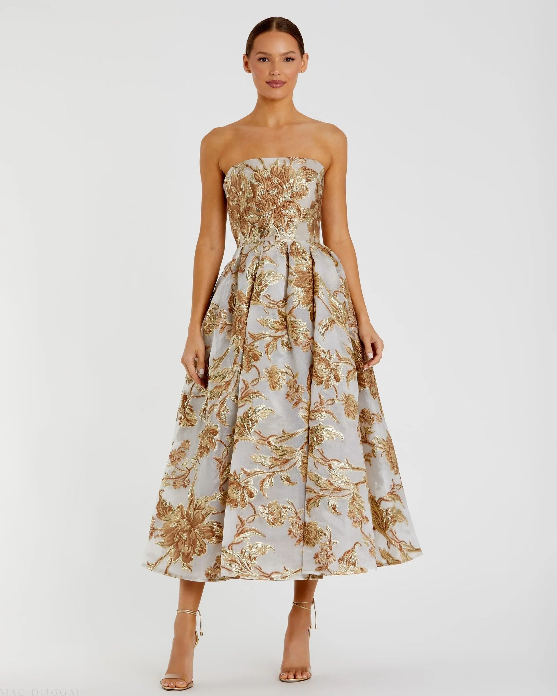Gold Strapless Brocade Midi Dress with Pockets | Mac Duggal Gold Strapless Brocade Midi Dress with Pockets | Mac Duggal