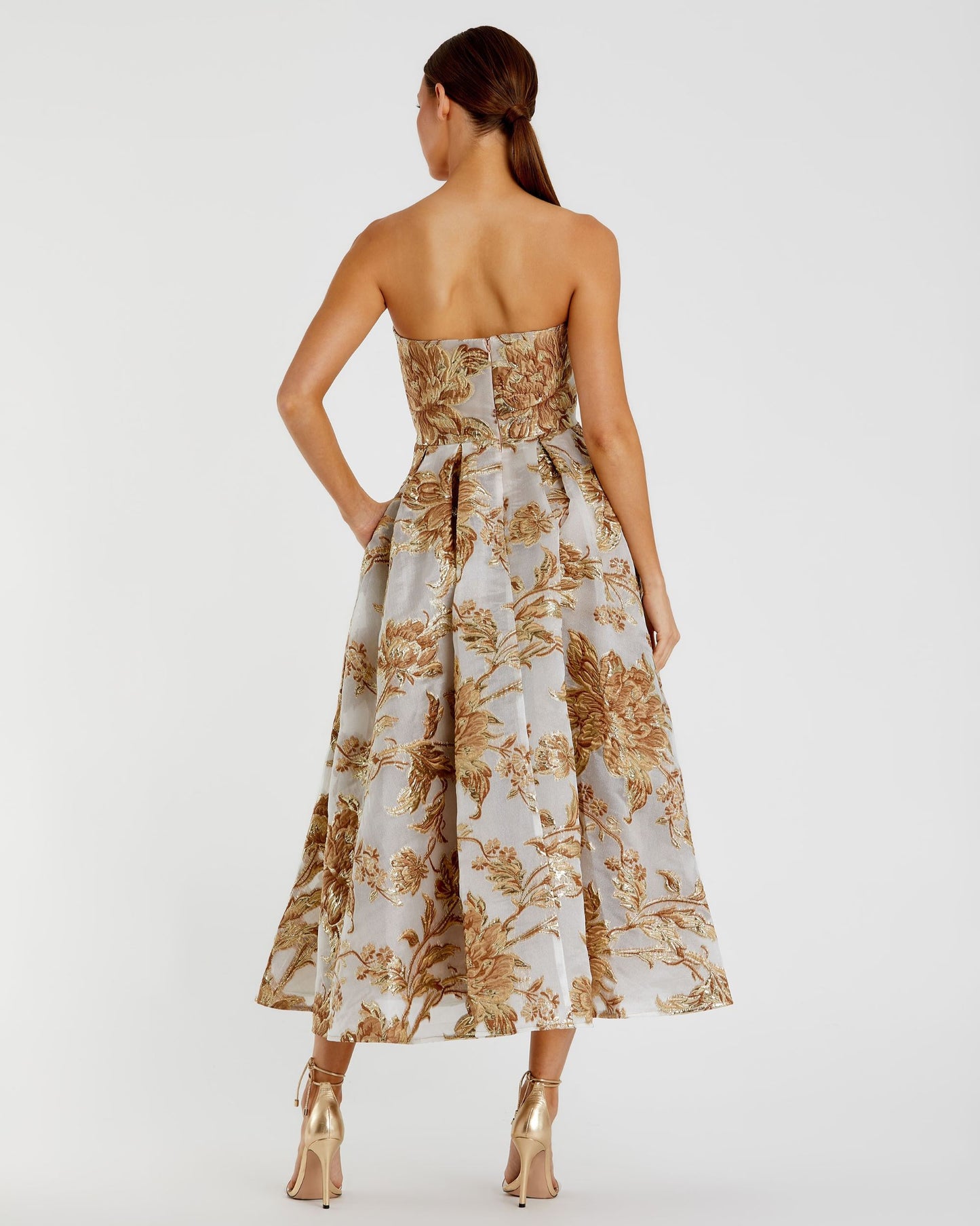 Strapless Brocade Midi Dress with Pockets