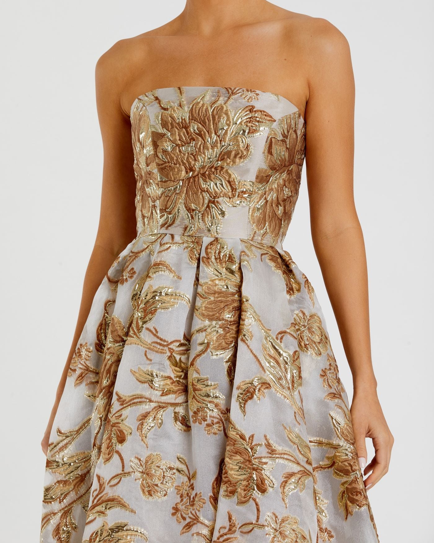 Strapless Brocade Midi Dress with Pockets