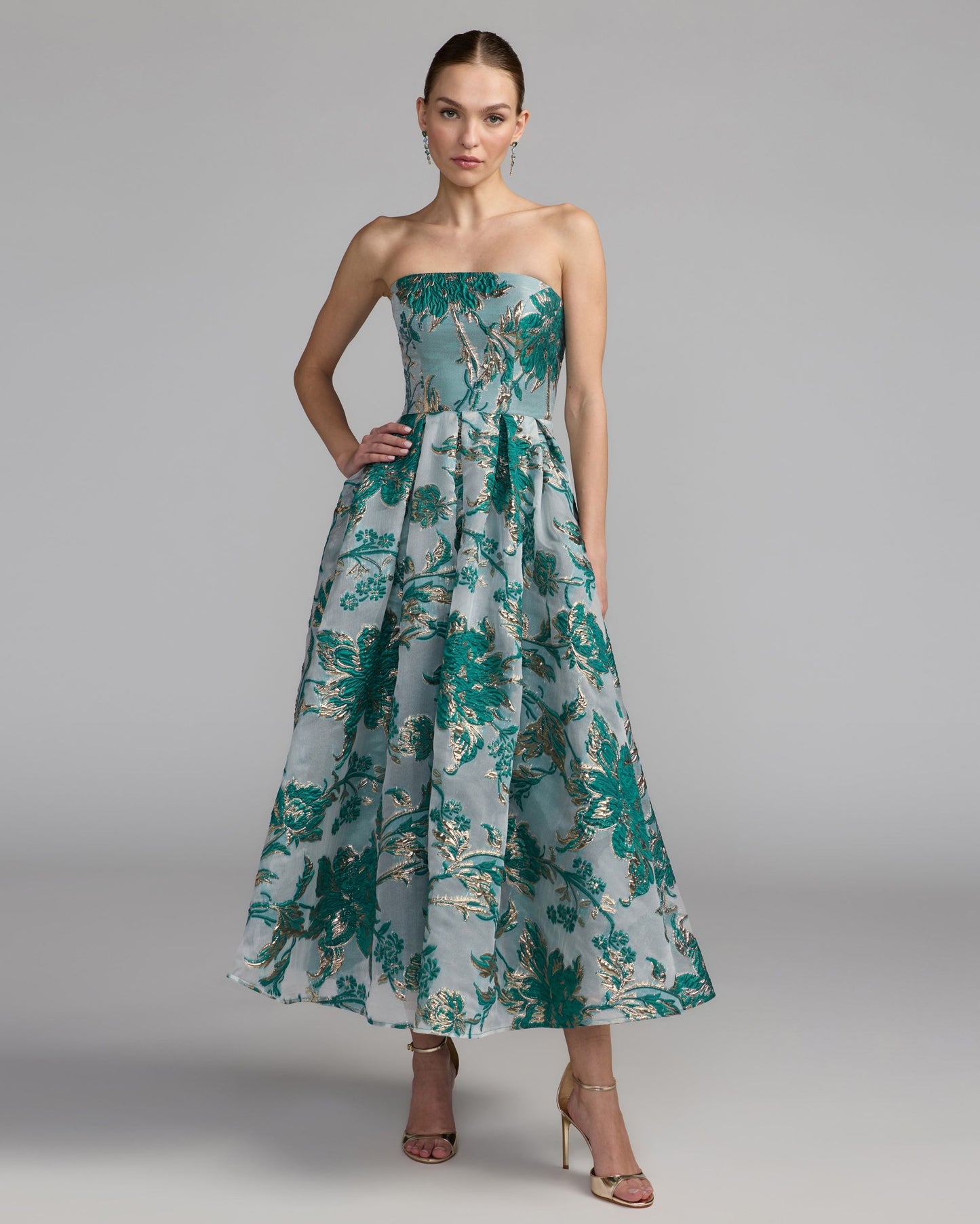 Teal Strapless Brocade Midi Dress with Pockets Mac Duggal