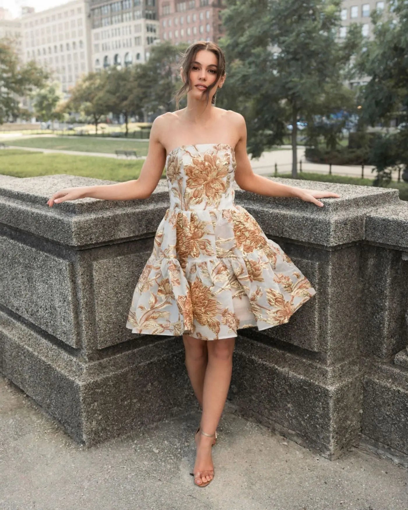 slim fit dress slacks Gold Floral Jacquard Off Shoulder Formal Dress main image 1