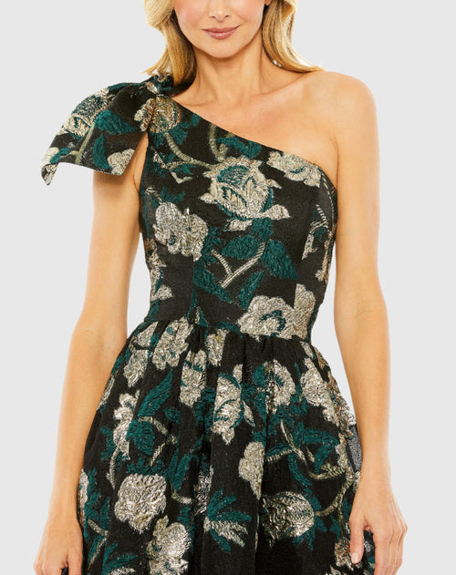 One shoulder green and gold floral brocade dress