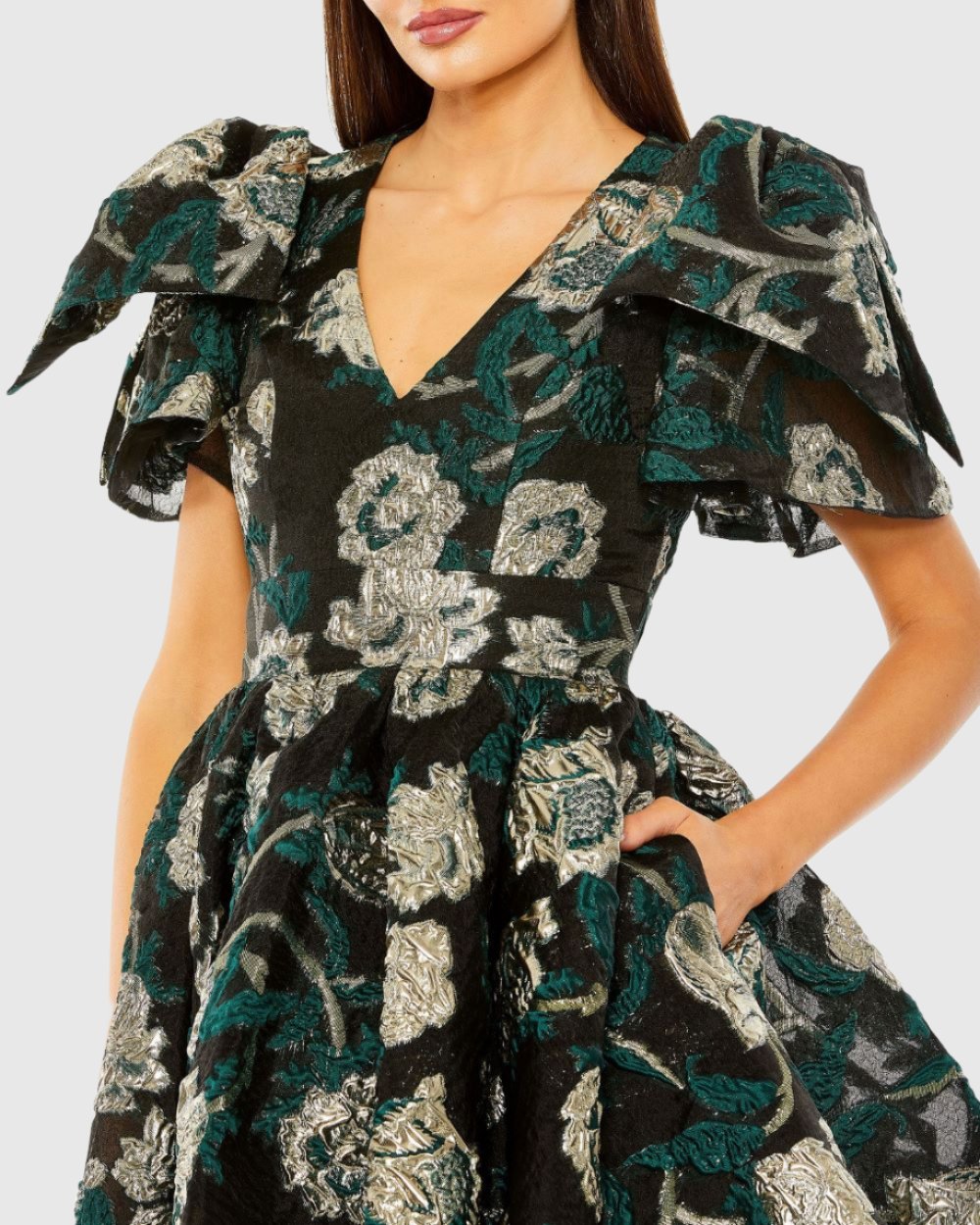 Bow Shoulder Brocade V-Neck Mini Dress with Pockets