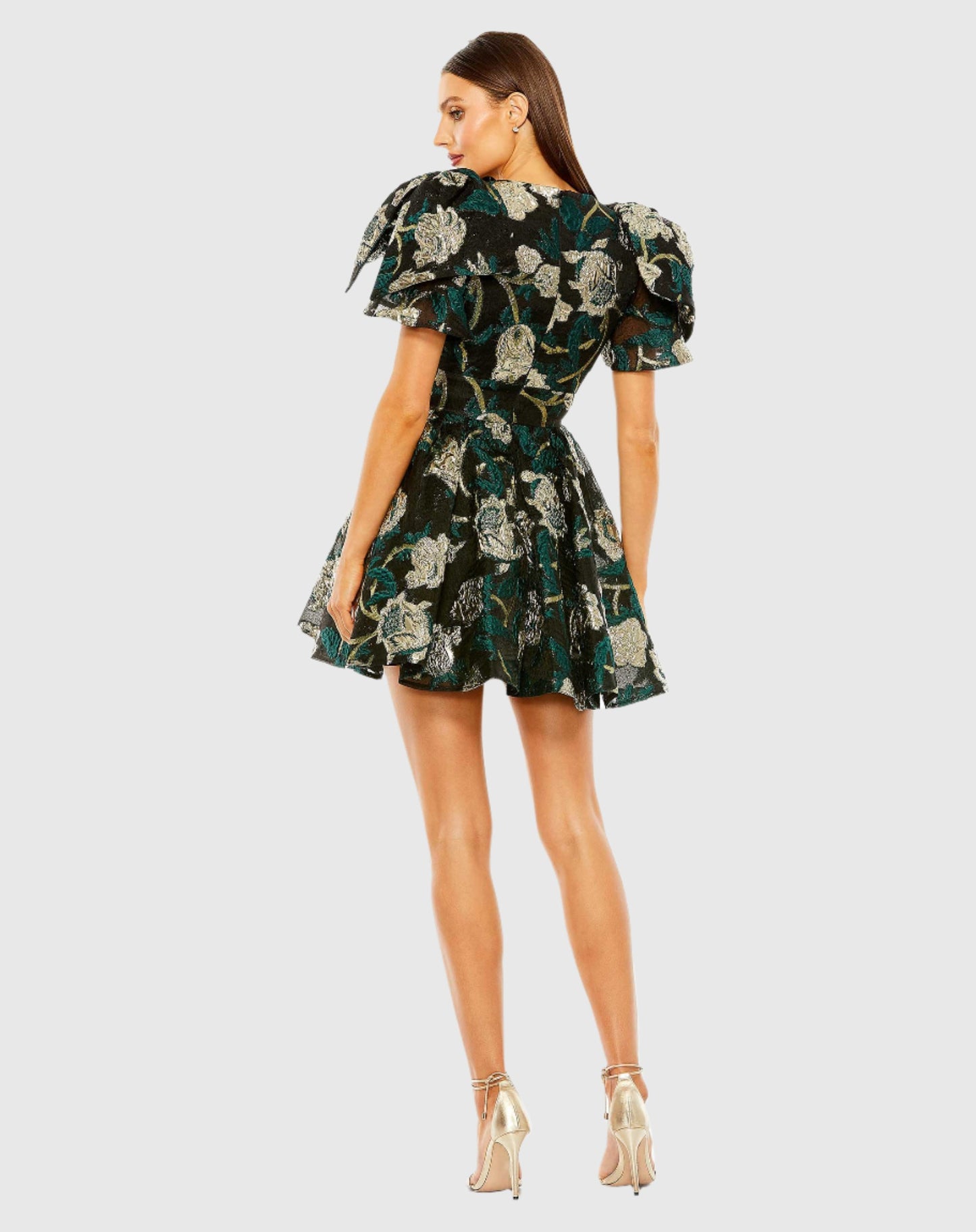 Bow Shoulder Brocade V-Neck Mini Dress with Pockets