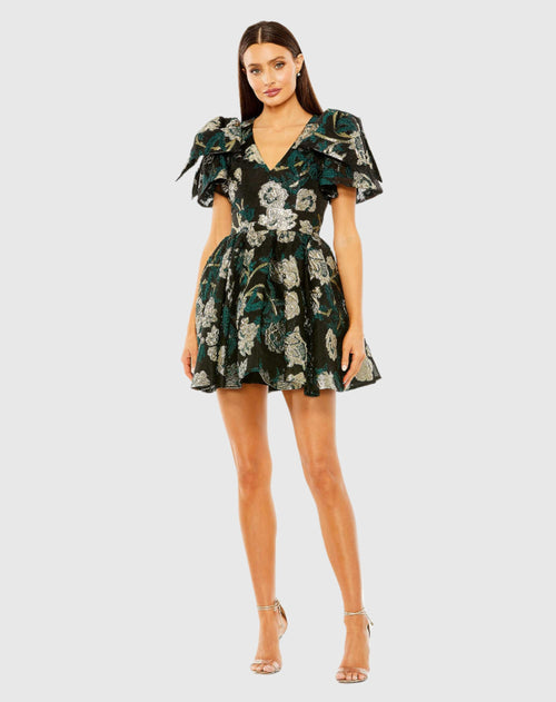 Bow Shoulder Brocade V-Neck Mini Dress with Pockets