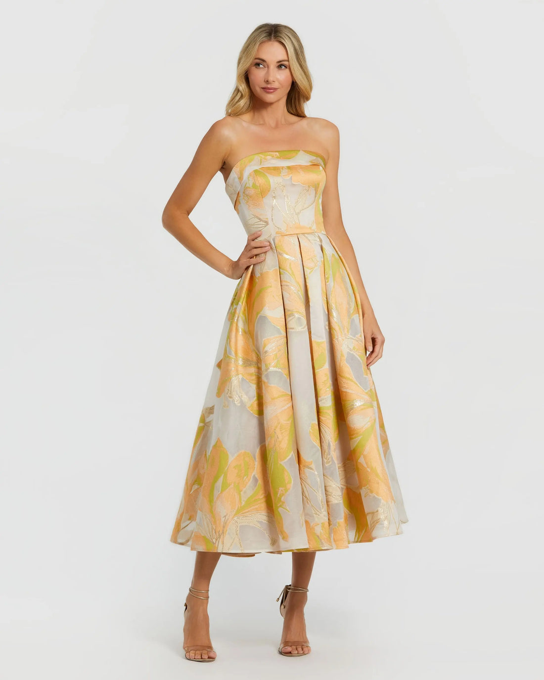 Beige and Orange Strapless Brocade Midi Dress with Pockets | Mac Duggal Beige and Orange Strapless Brocade Midi Dress with Pockets | Mac Duggal