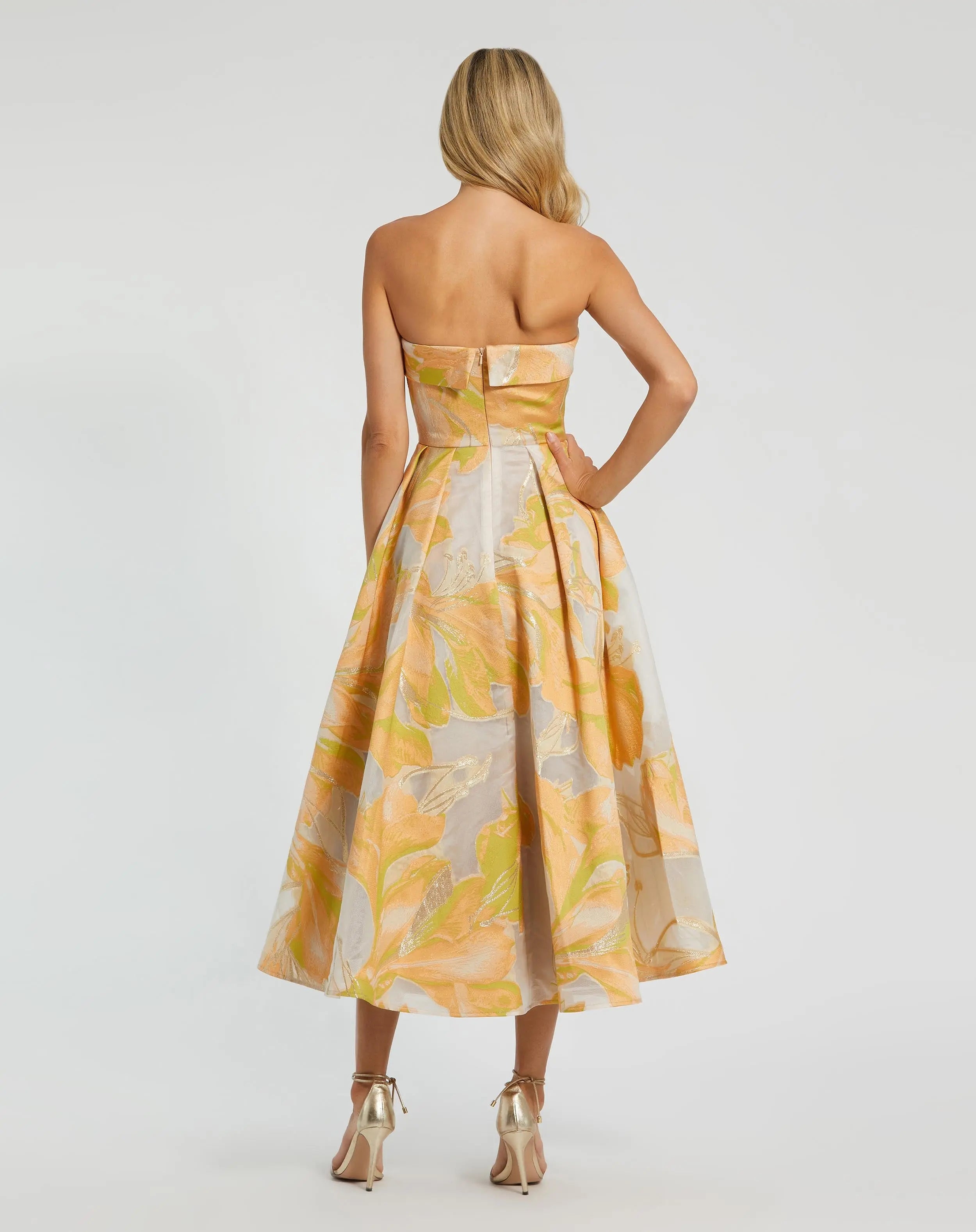Beige and Orange Strapless Brocade Midi Dress with Pockets - Mac Duggal