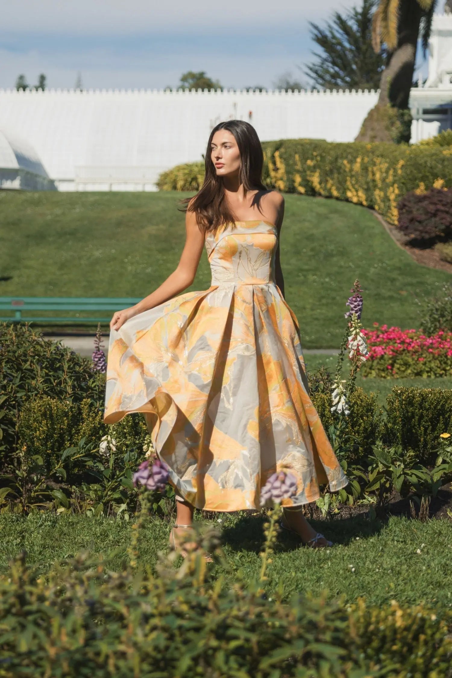 Beige and Orange Strapless Brocade Midi Dress with Pockets - Mac Duggal