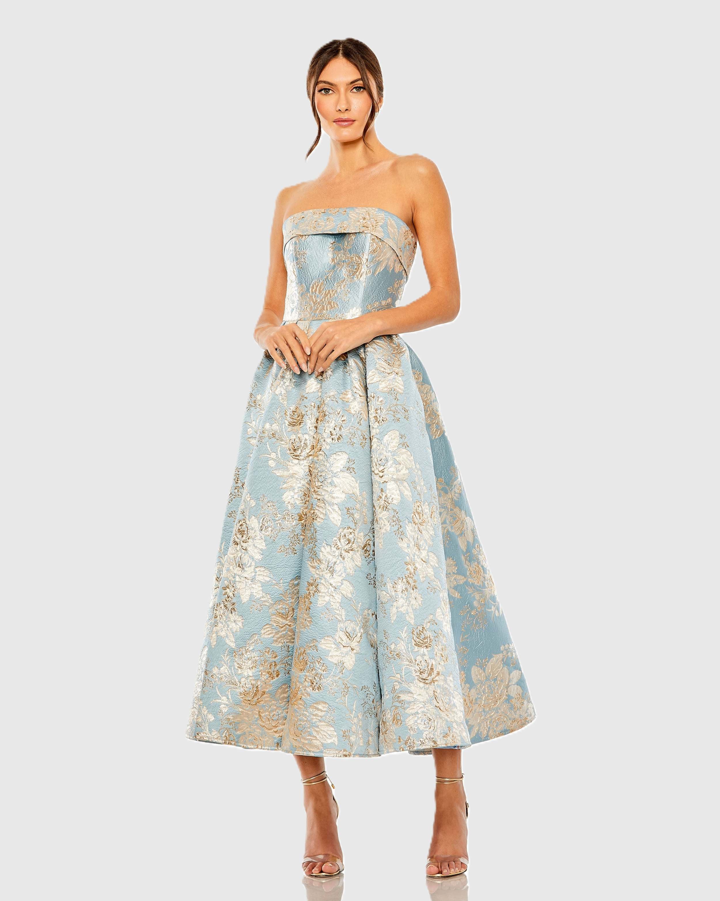 Blue Strapless Brocade Midi Dress with Pockets - Mac Duggal