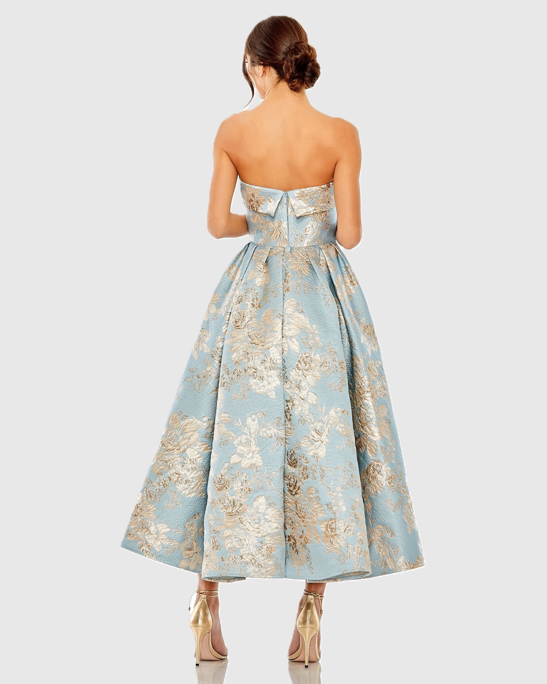 Blue Strapless Brocade Midi Dress with Pockets - Mac Duggal