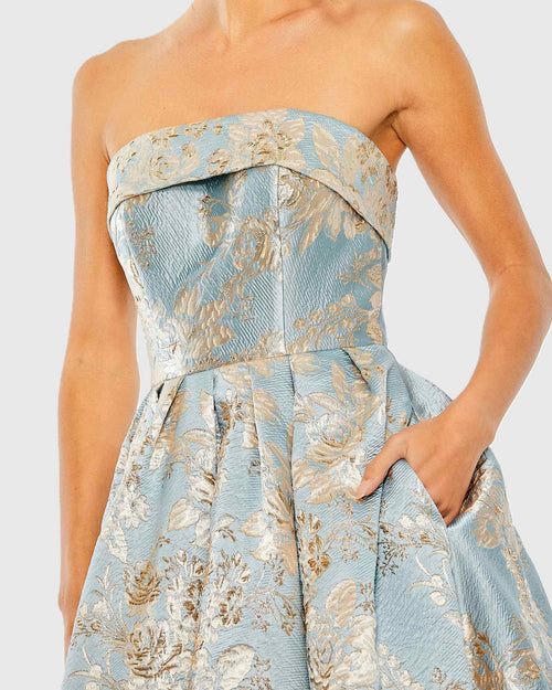 Strapless Brocade Midi Dress with Pockets