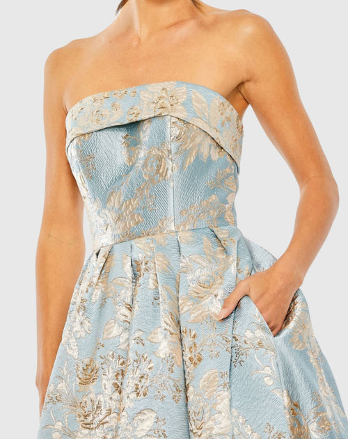 Strapless Brocade Midi Dress with Pockets