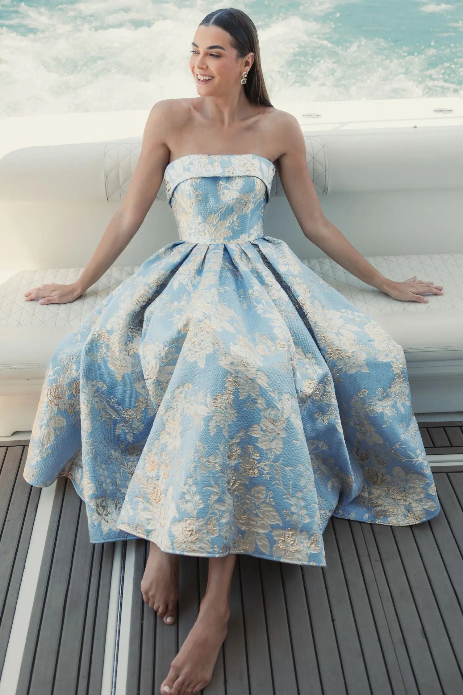 Blue Strapless Brocade Midi Dress with Pockets - Mac Duggal