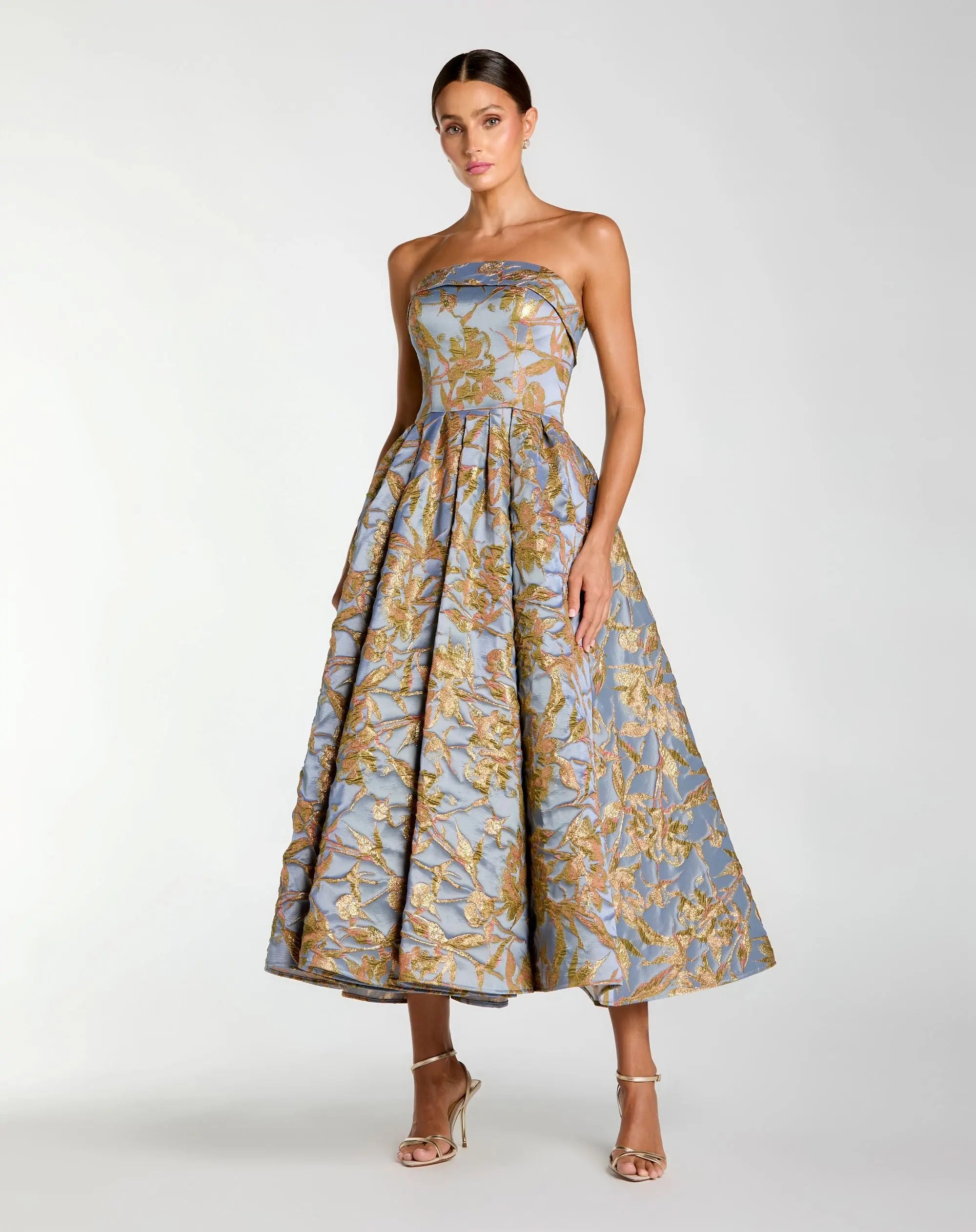 Blue Strapless Brocade Midi Dress With Pockets - Mac Duggal