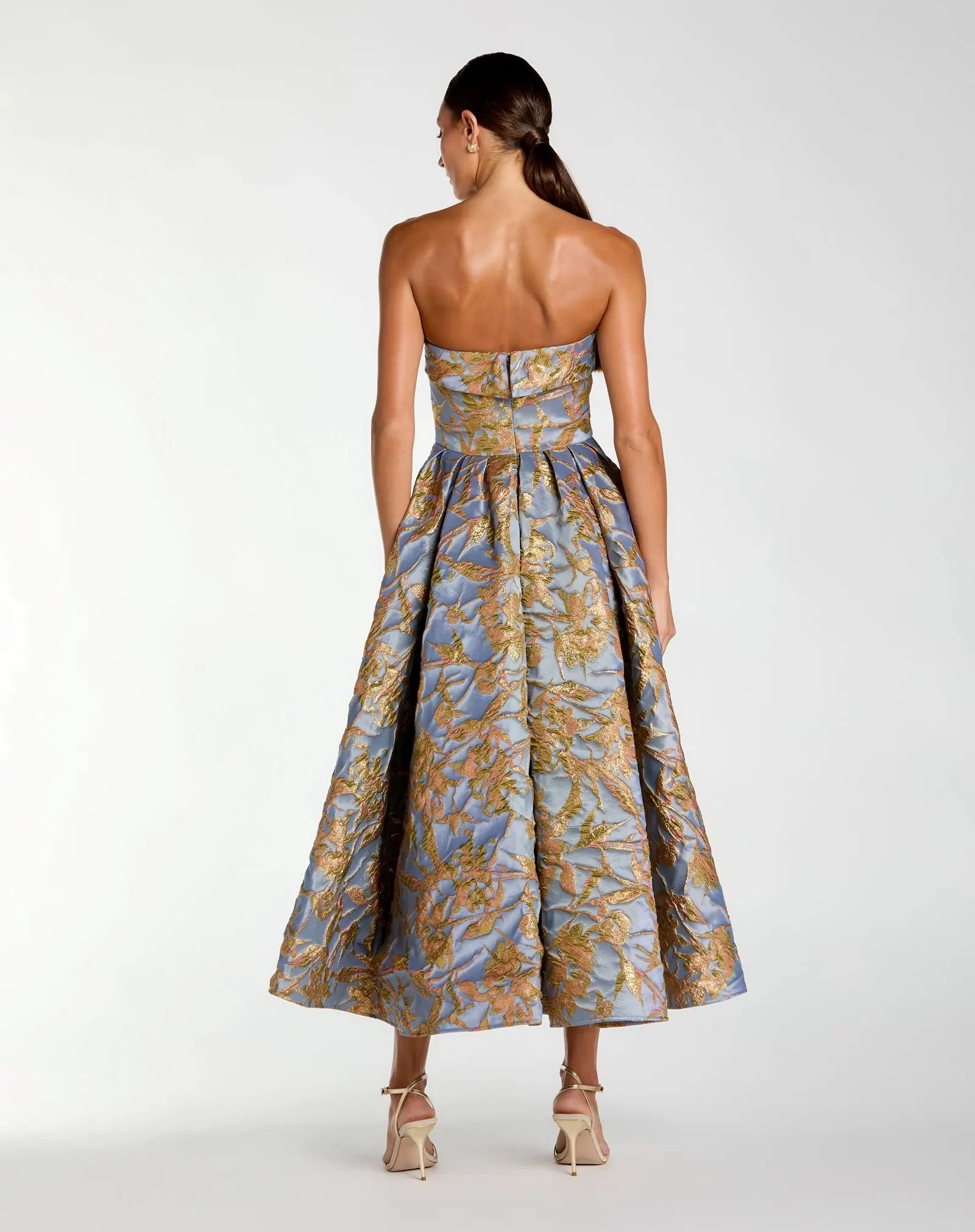 Blue Strapless Brocade Midi Dress with Pockets - Mac Duggal