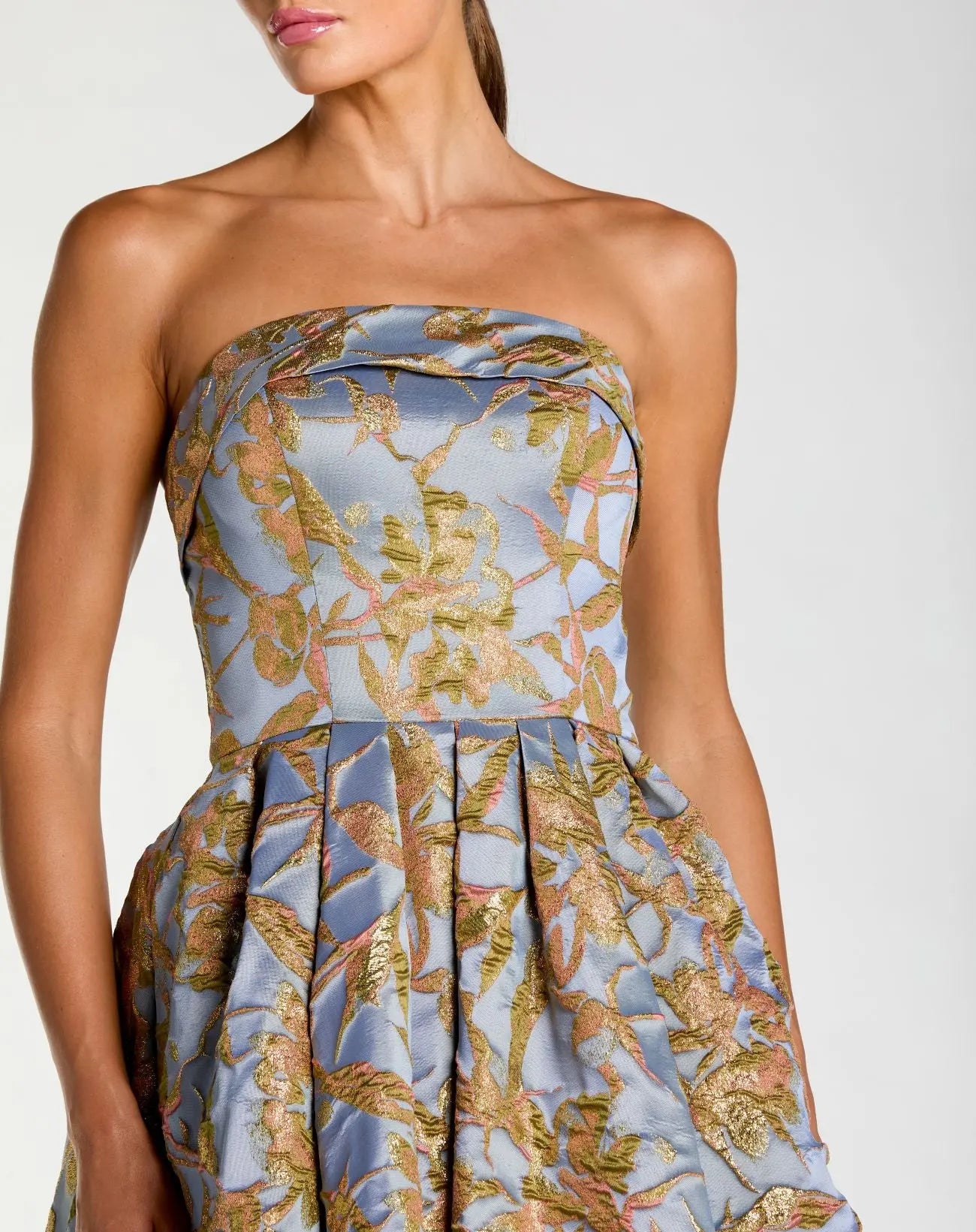 Blue Strapless Brocade Midi Dress with Pockets - Mac Duggal
