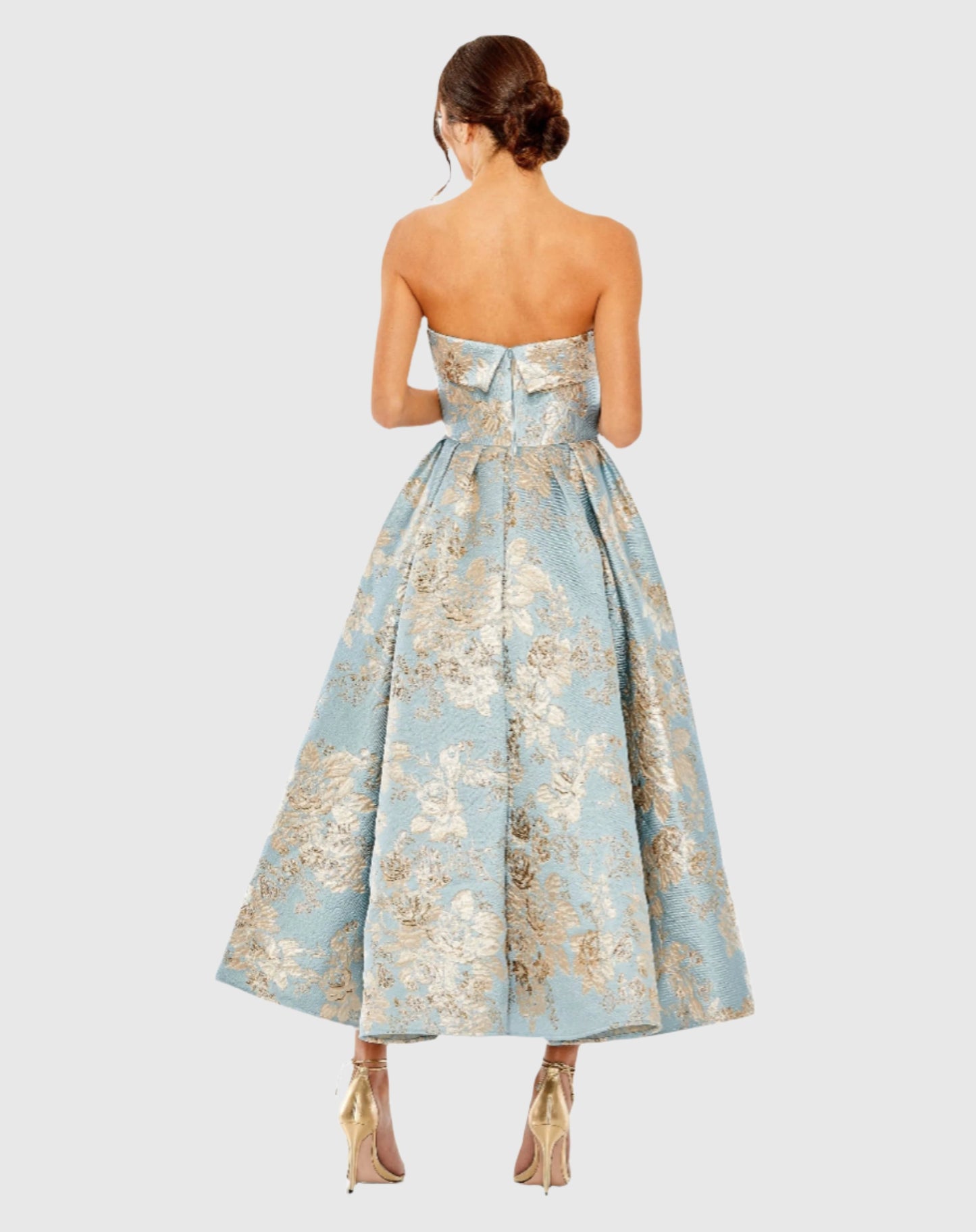 Strapless Brocade Midi Dress with Pockets