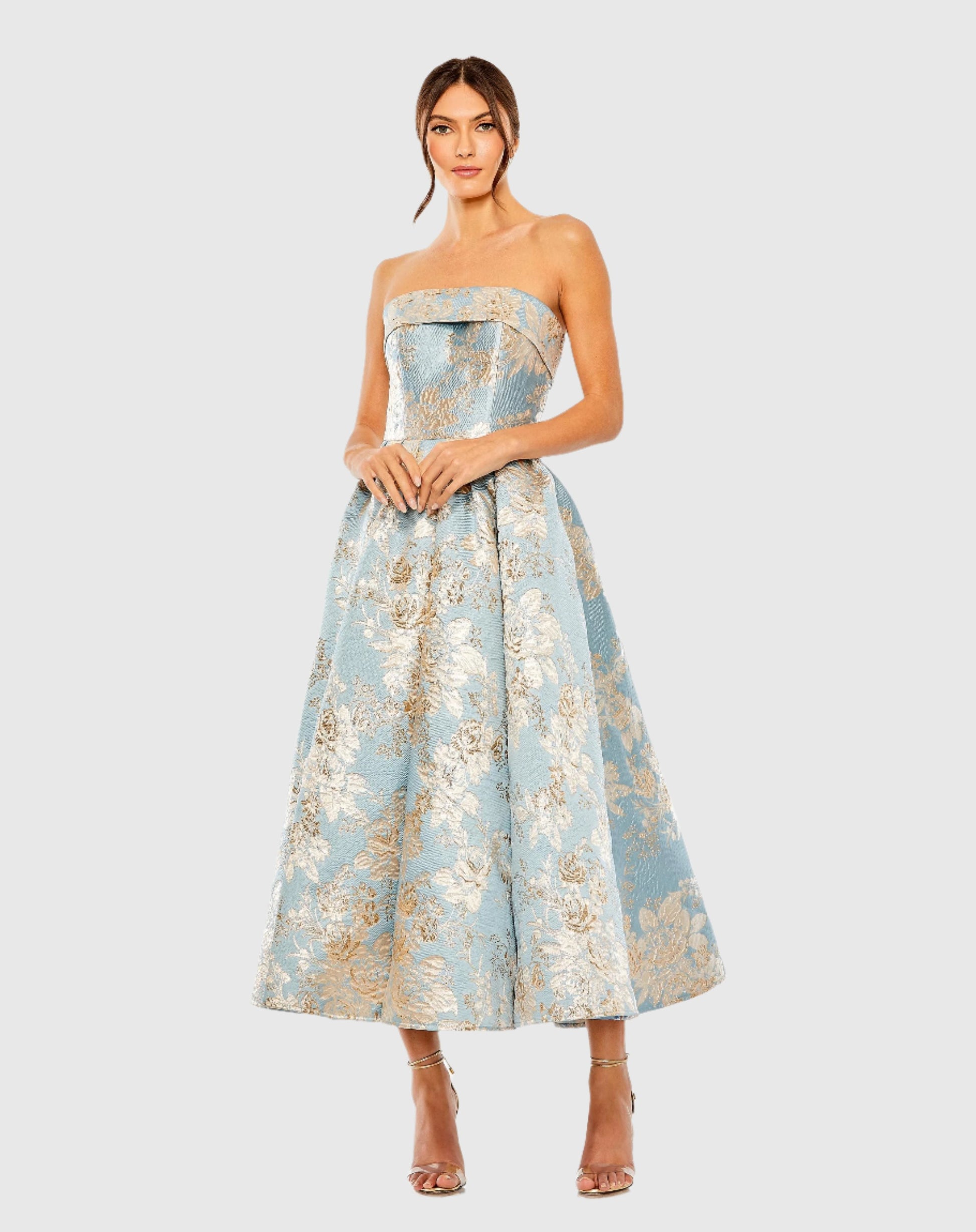 Strapless Brocade Midi Dress with Pockets