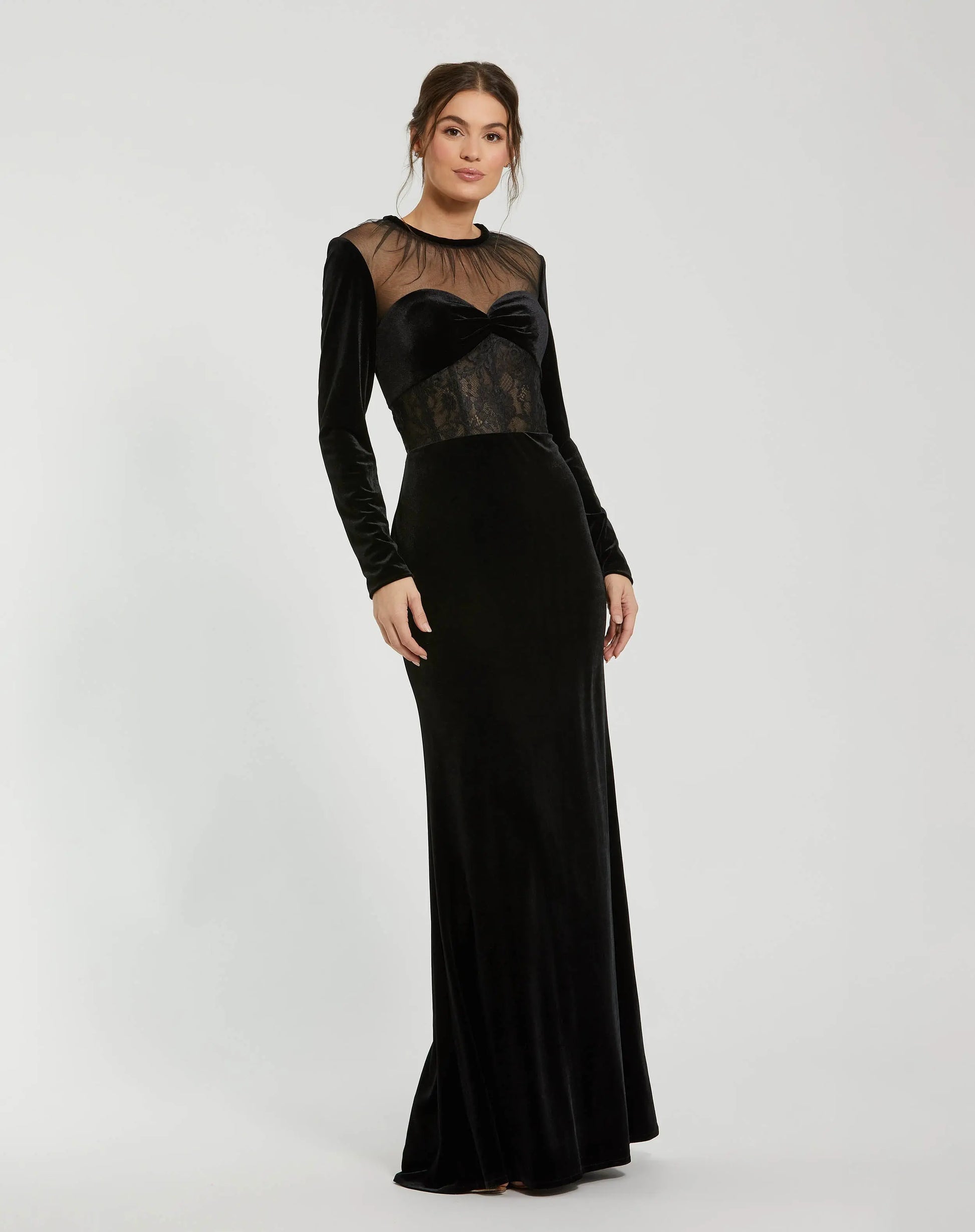 Black Long Sleeve Sheer Top Lace Bustier Velvet Gown | Mac Duggal Black Long Sleeve Sheer Top Lace Bustier Velvet Gown | Mac Duggal