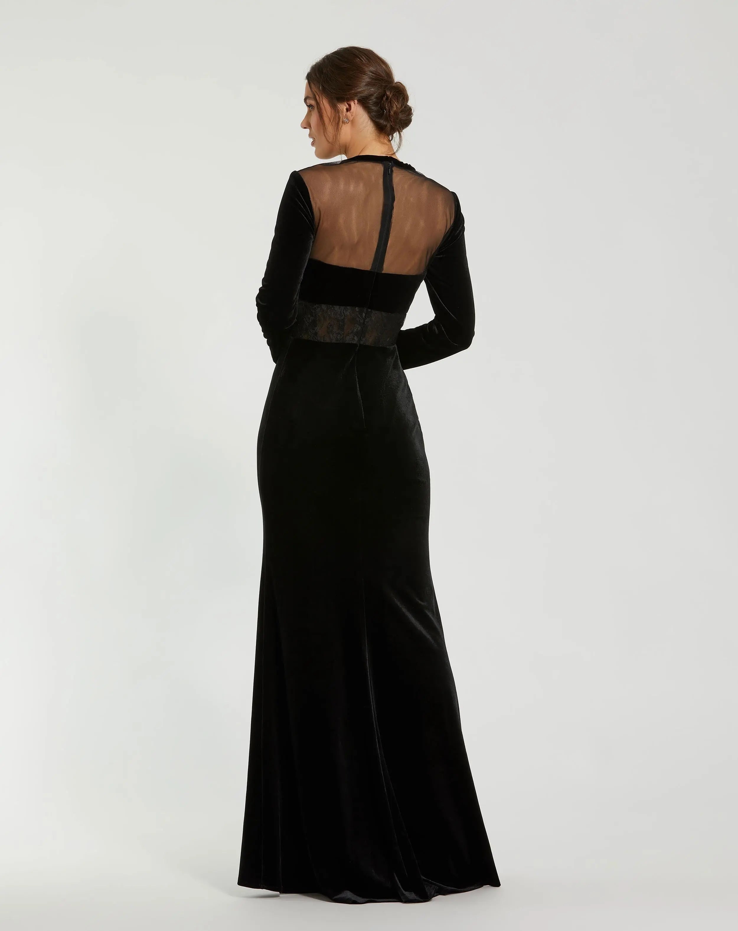 Long Sleeve Sheer Top Lace Bustier Gown - Mac Duggal