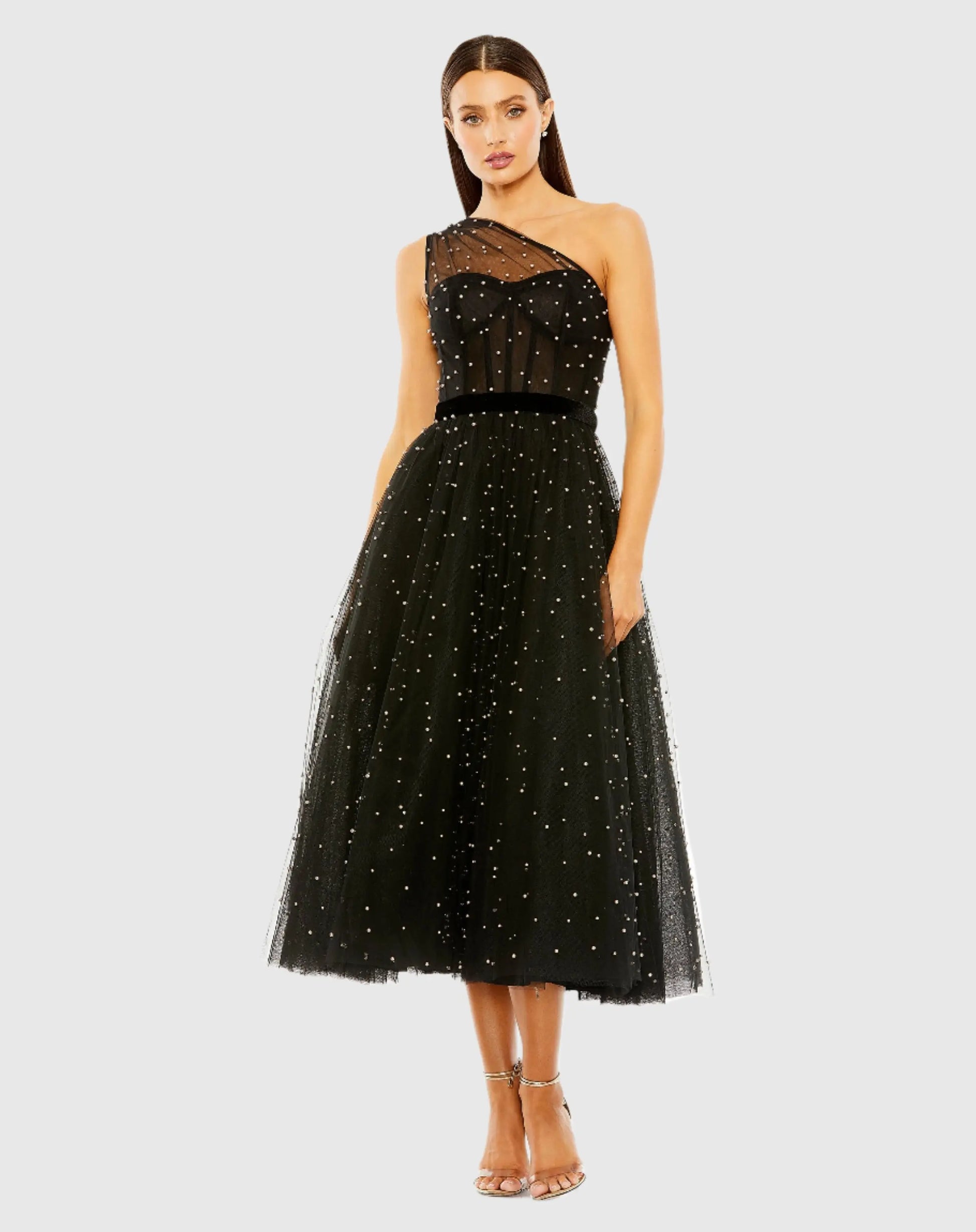 Black One Shoulder Pearl Beaded Midi Ball Gown | Mac Duggal Black One Shoulder Pearl Beaded Midi Ball Gown | Mac Duggal