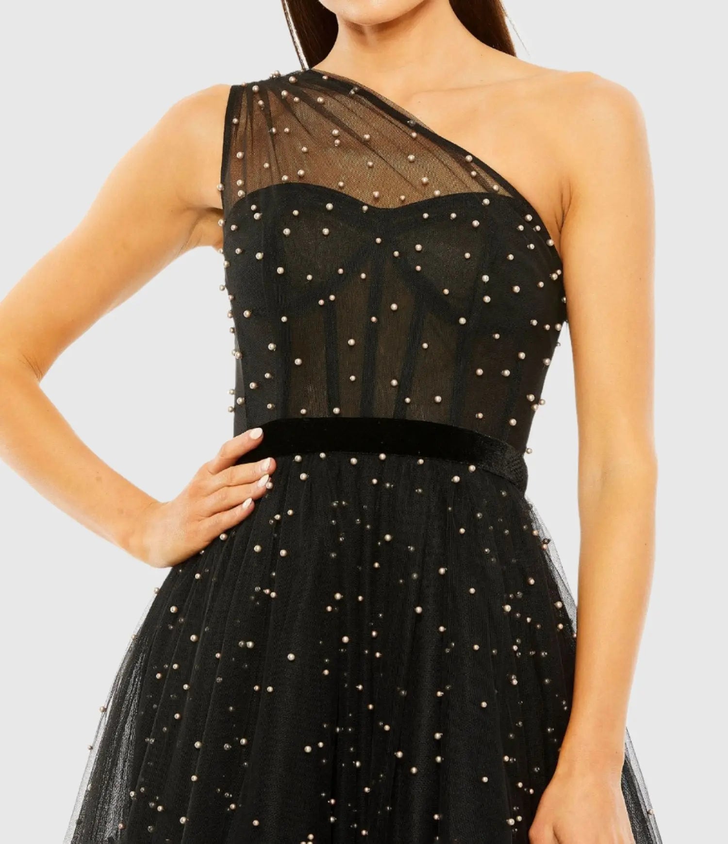 Black One Shoulder Pearl Beaded Midi Ballgown - Mac Duggal