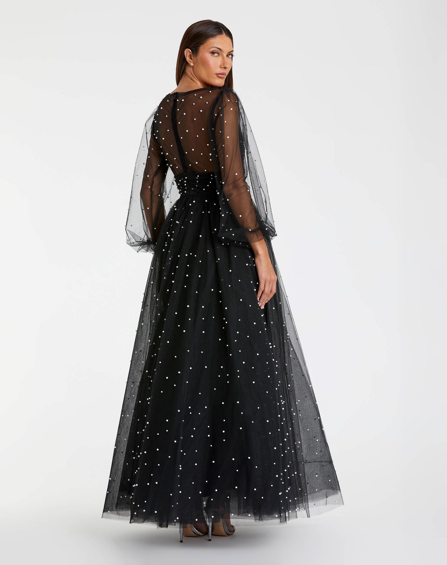 Long Sheer Sleeve Draped Pearl Beaded Gown