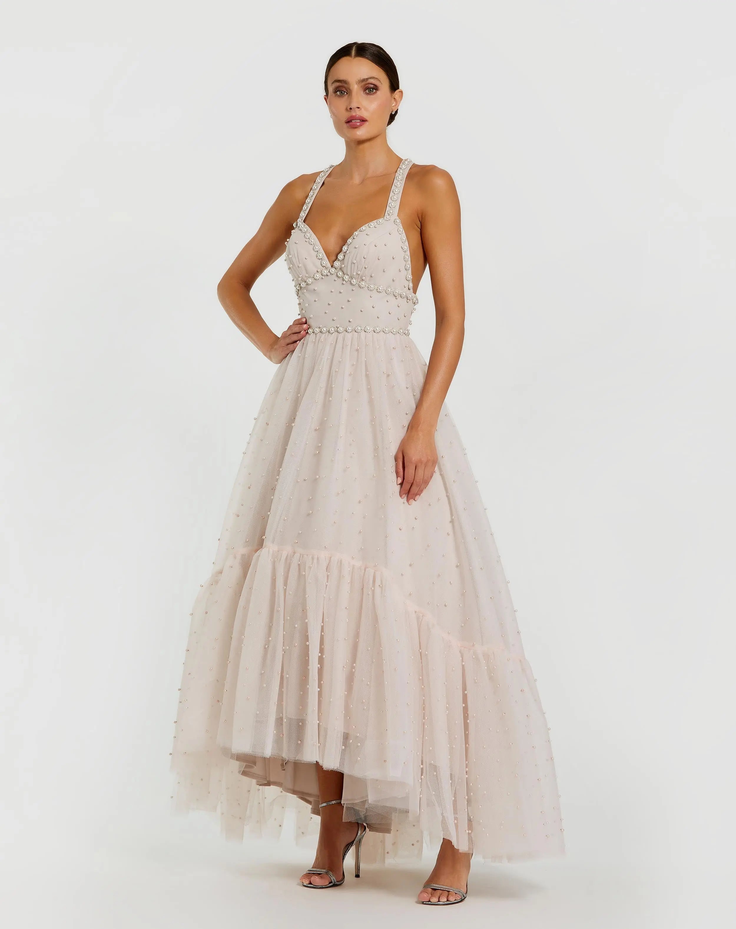 White Strapless Crystal Embellished Satin A-Line Dress | Mac Duggal White Strapless Crystal Embellished Satin A-Line Dress | Mac Duggal