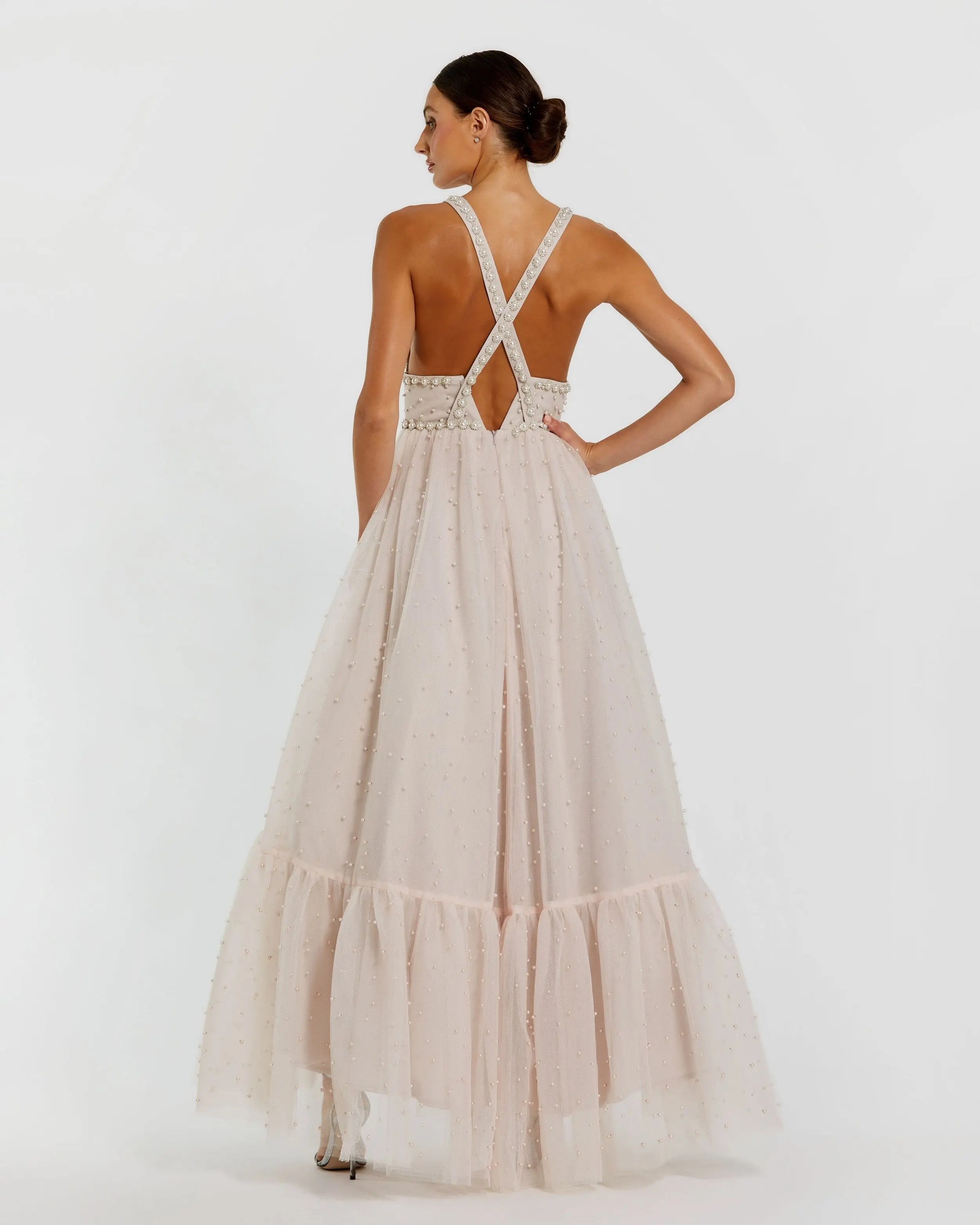 Light Pink Pearl Beaded High Low Gown Mac Duggal