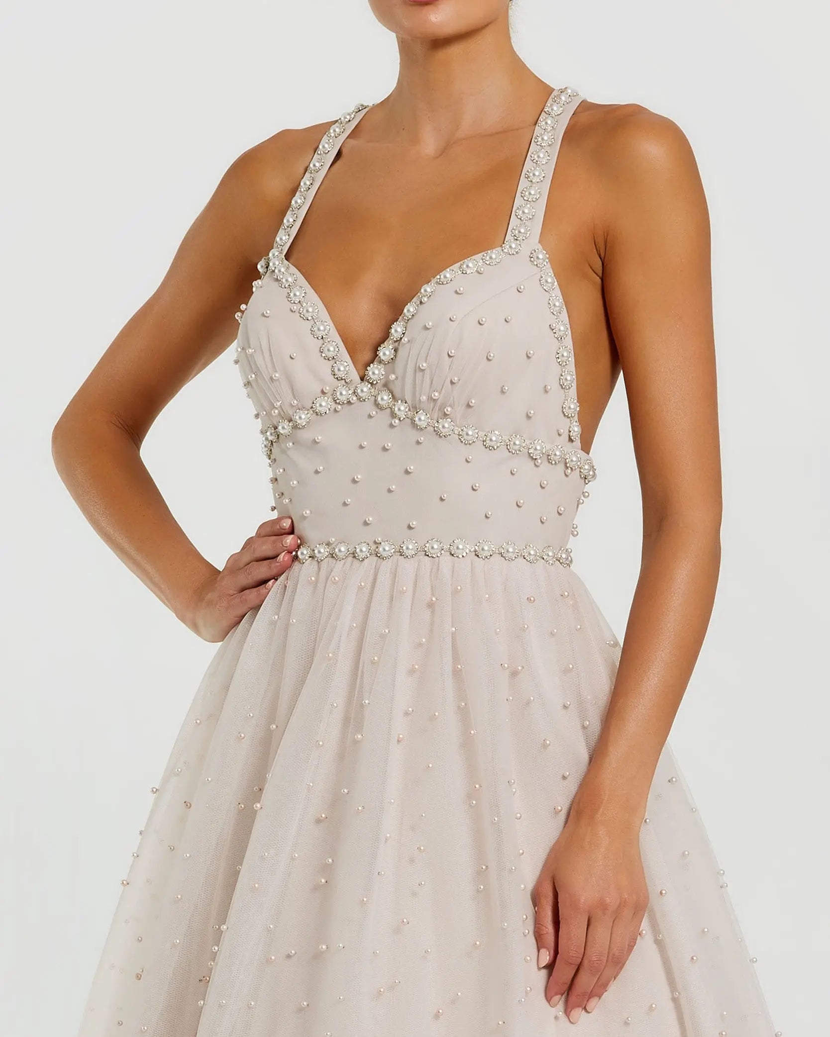 Mac Duggal Pearl Beaded High Low Ball Gown, Womens, 2, Porcelain