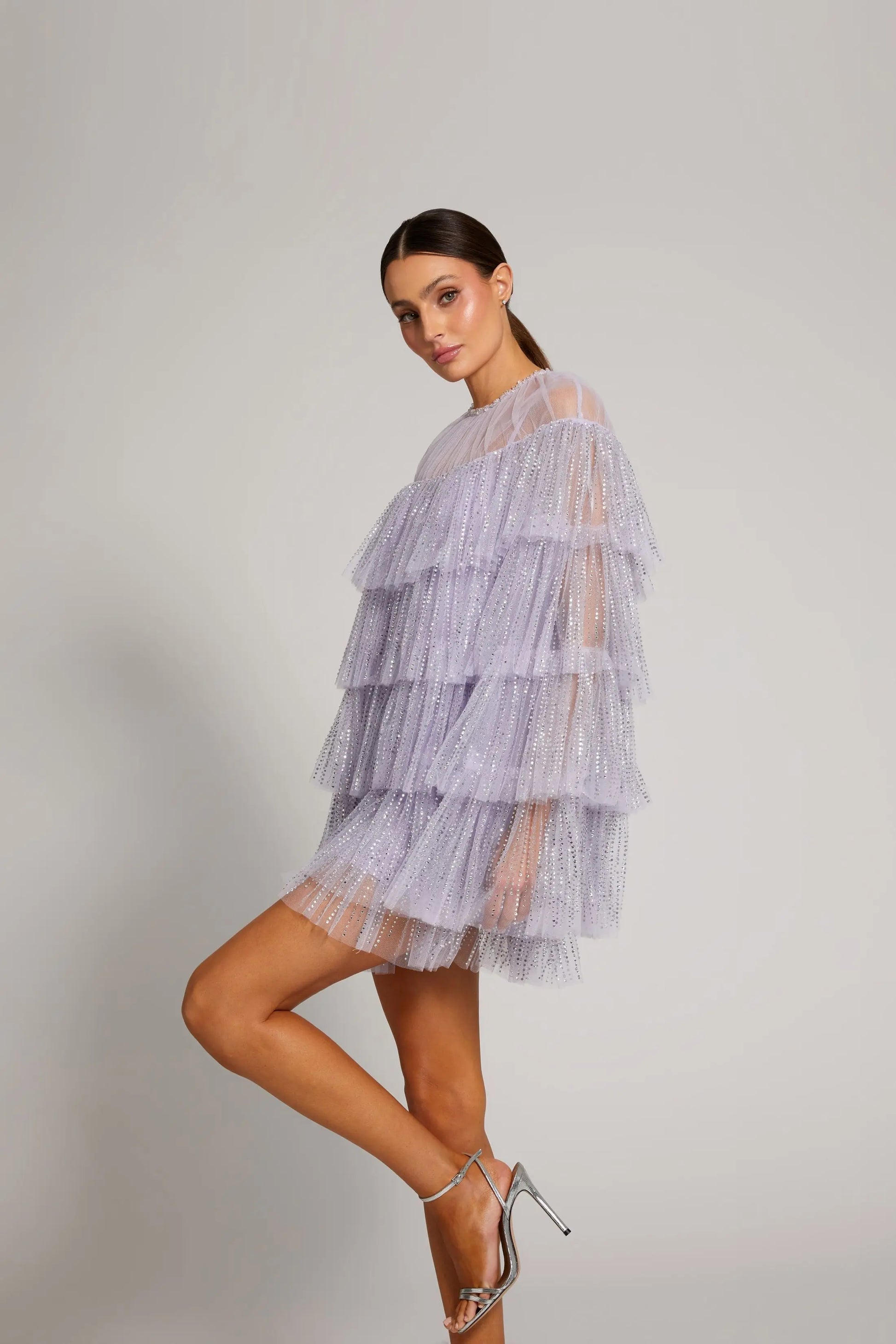 Purple Embellished High Neck Ruffle Mini Dress Purple Embellished High Neck Ruffle Mini Dress