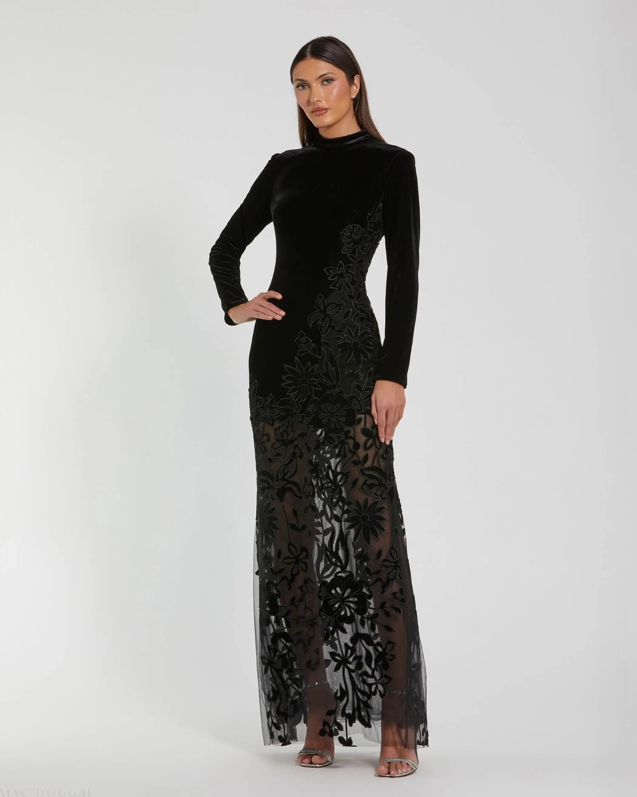Black Long Sleeve Sheer Floral Embroidered Velvet Gown - Mac Duggal
