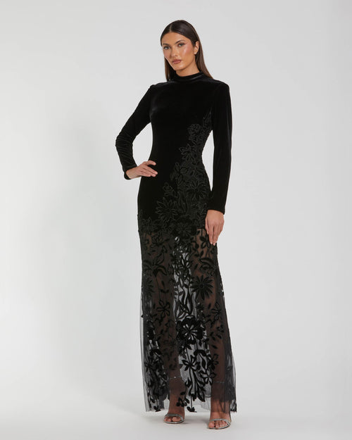 Long Sleeve Sheer Floral Embroidered Velvet Gown