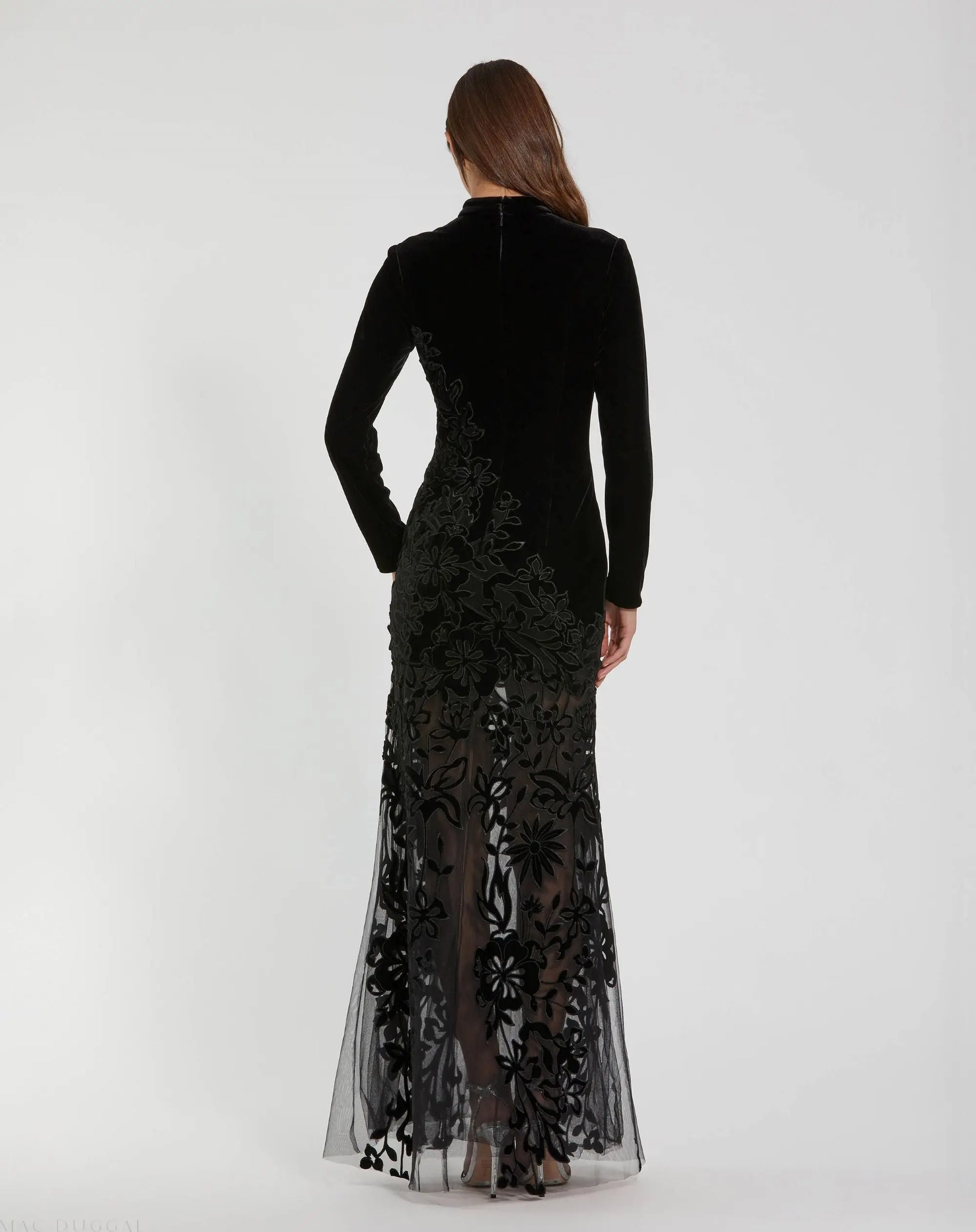 Black Long Sleeve Sheer Floral Embroidered Velvet Gown - Mac Duggal Black Long Sleeve Sheer Floral Embroidered Velvet Gown - Mac Duggal