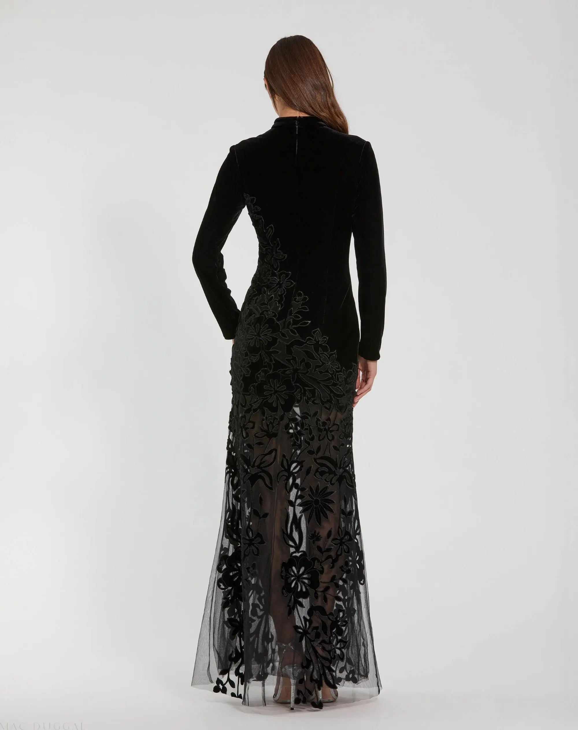 Black Long Sleeve Sheer Floral Embroidered Velvet Gown - Mac Duggal