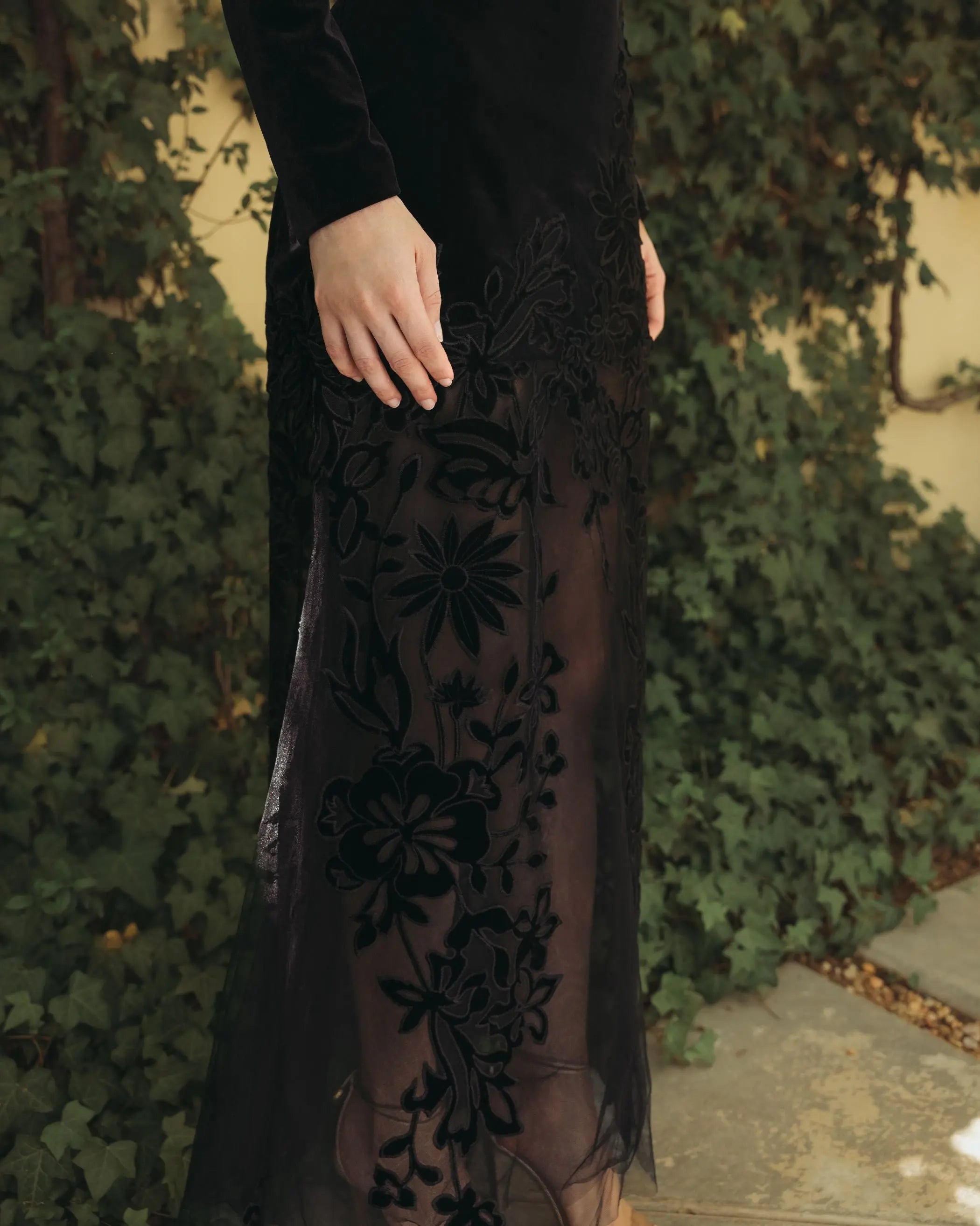 Black Long Sleeve Sheer Floral Embroidered Velvet Gown - Mac Duggal