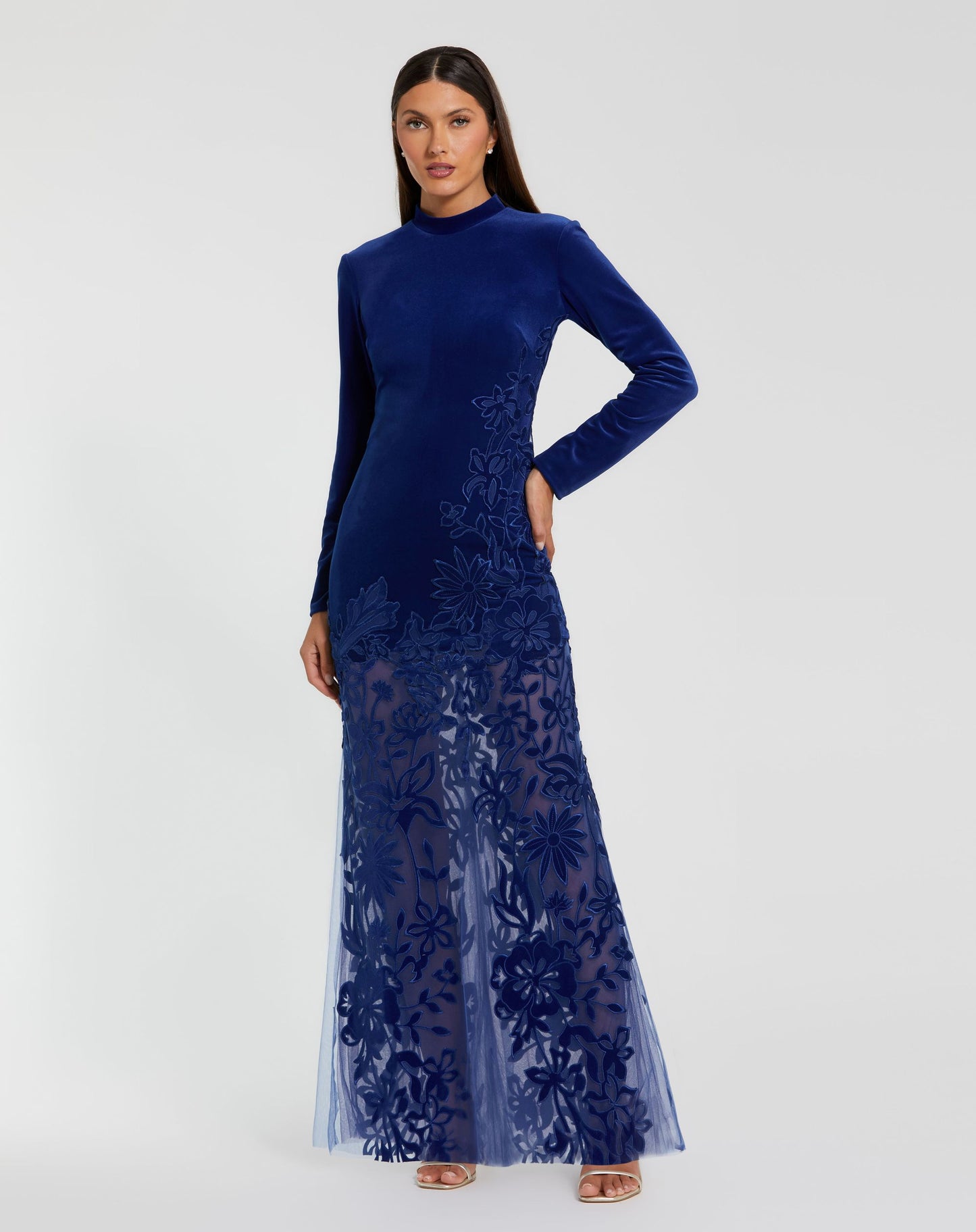 Blue Long Sleeve Sheer Floral Embroidered Velvet Dress - Ieena for Mac Duggal