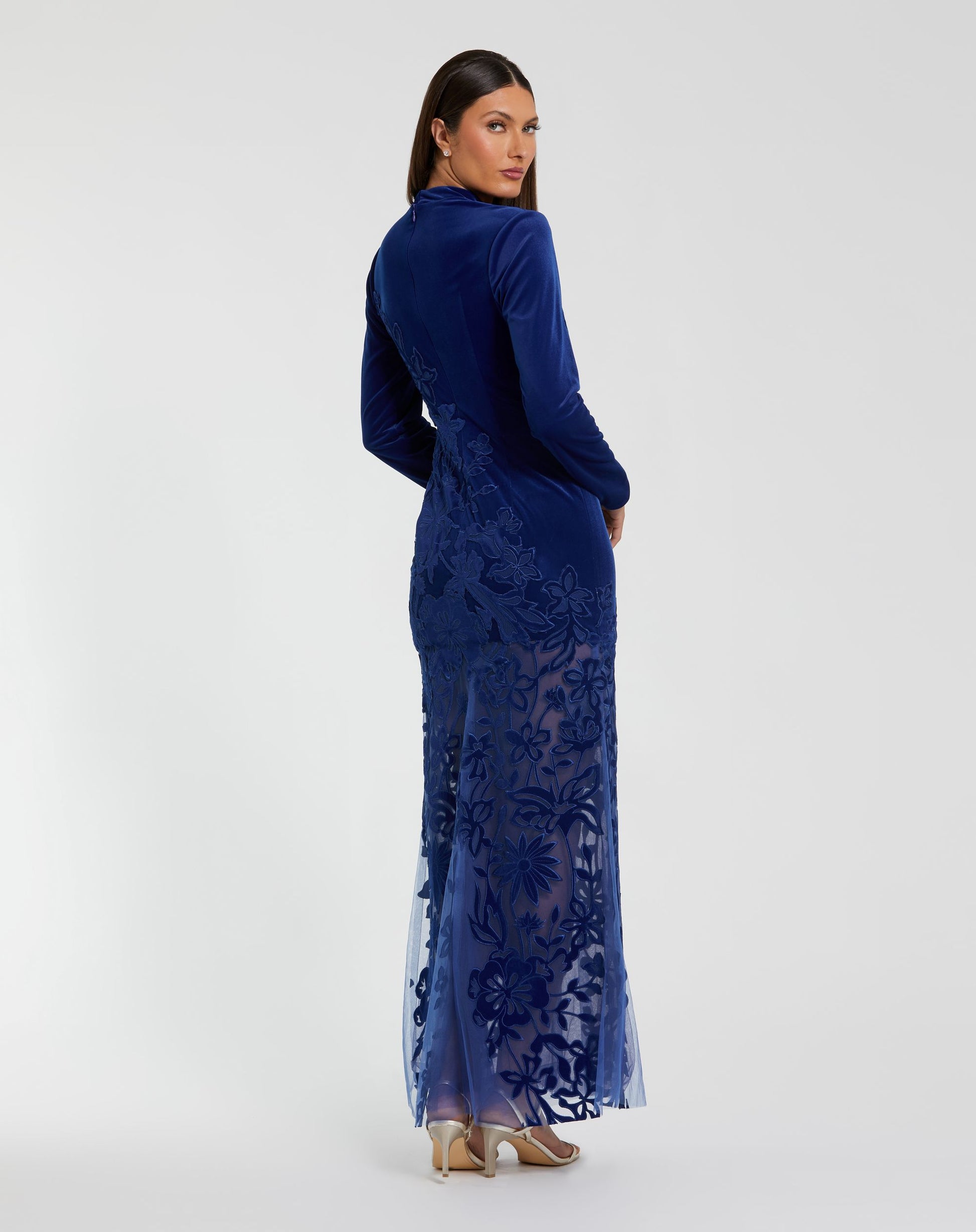 Blue Long Sleeve Sheer Floral Embroidered Velvet Dress - Ieena for Mac Duggal