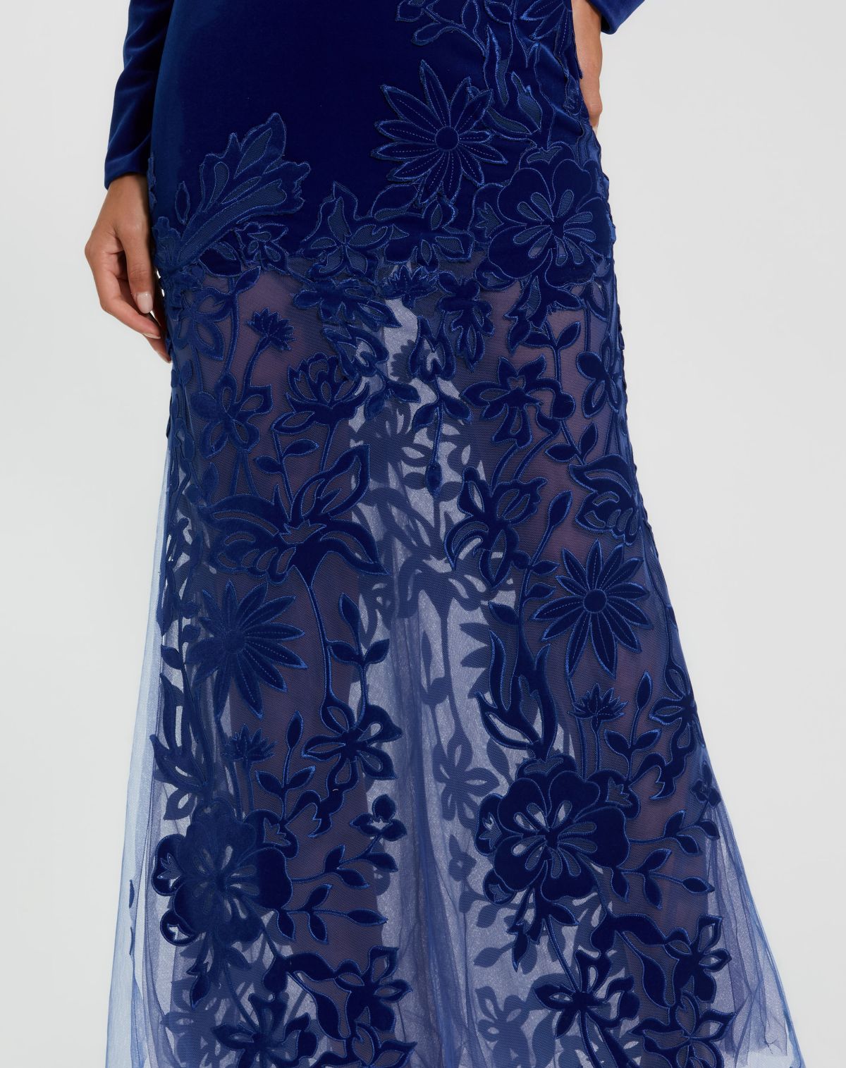 Blue Long Sleeve Sheer Floral Embroidered Velvet Dress - Ieena for Mac Duggal