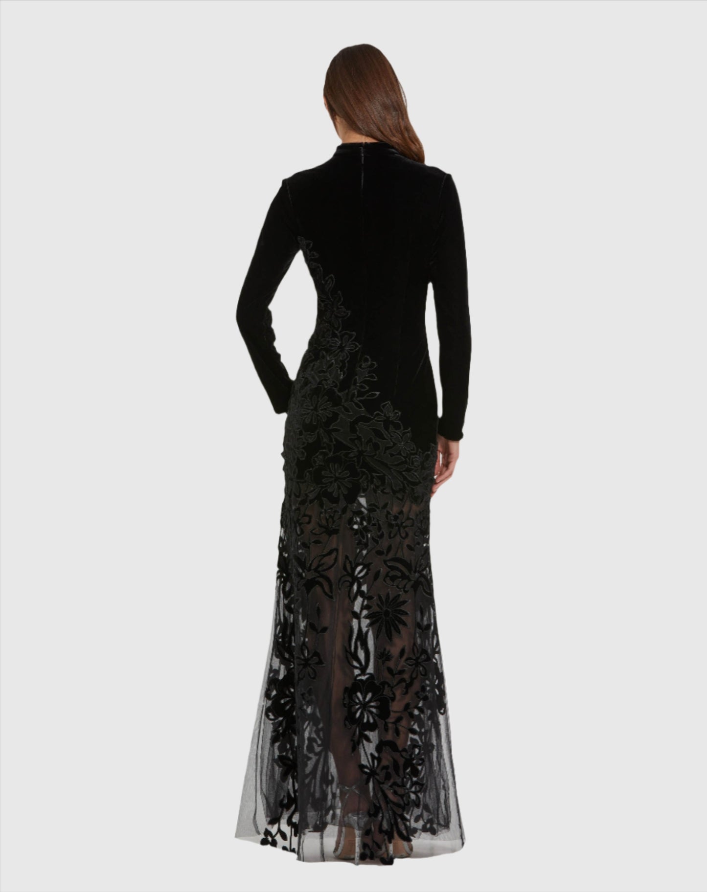 Long Sleeve Sheer Floral Embroidered Velvet Gown