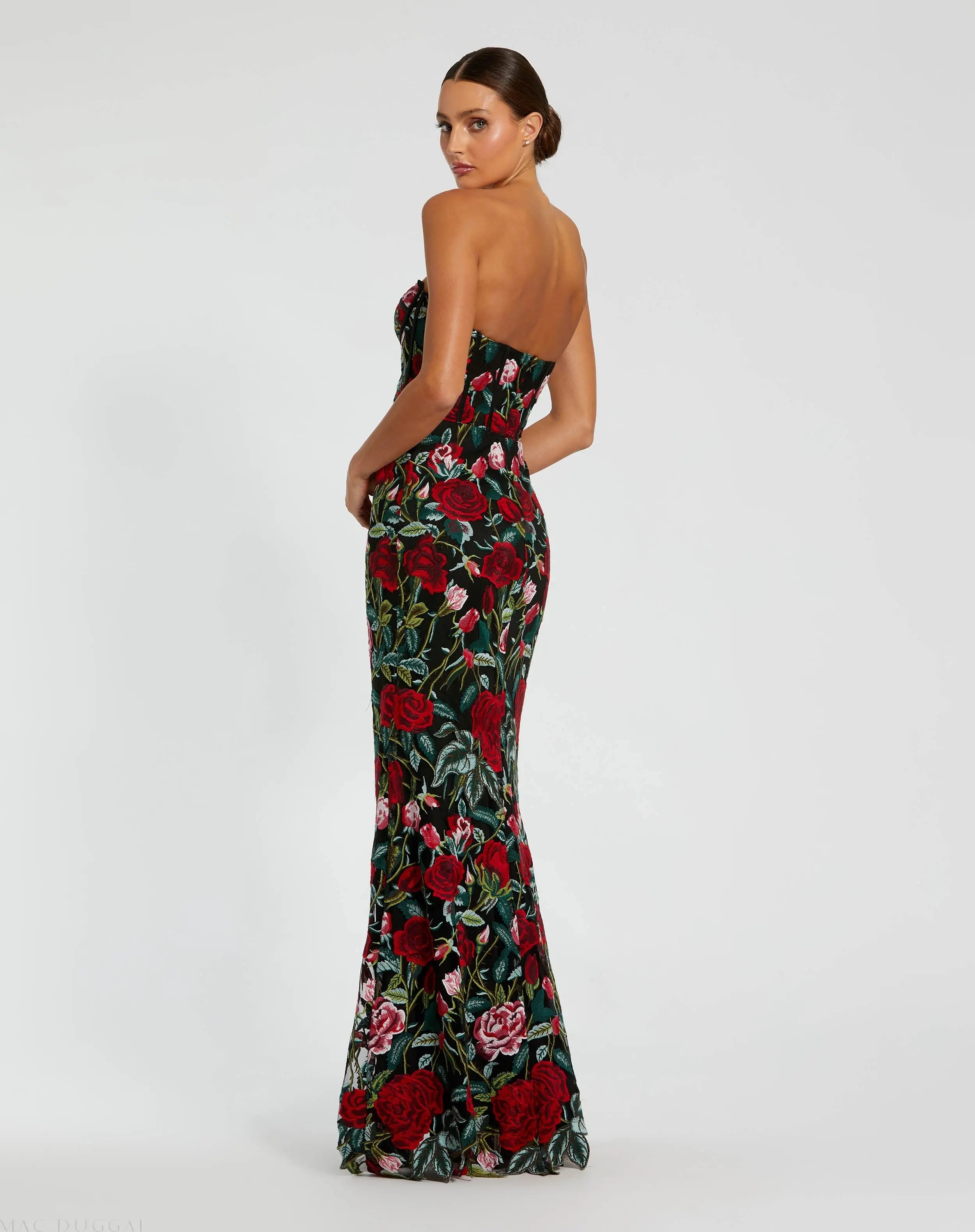 Black Sheer Bustier Top Floral Applique Gown - Mac Duggal