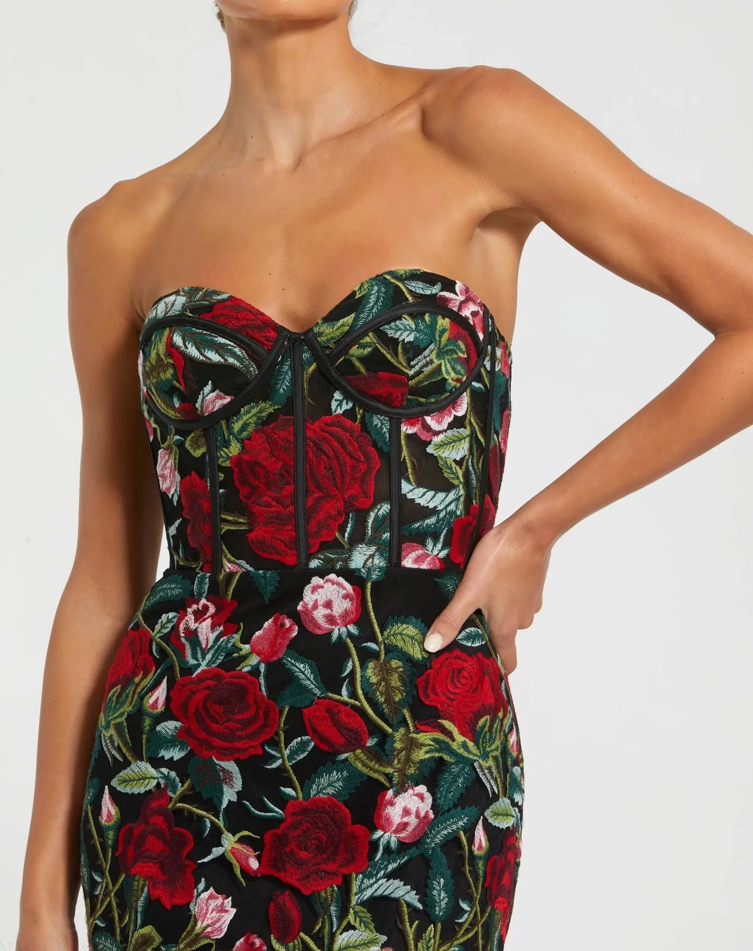 Black Sheer Bustier Top Floral Applique Gown - Mac Duggal
